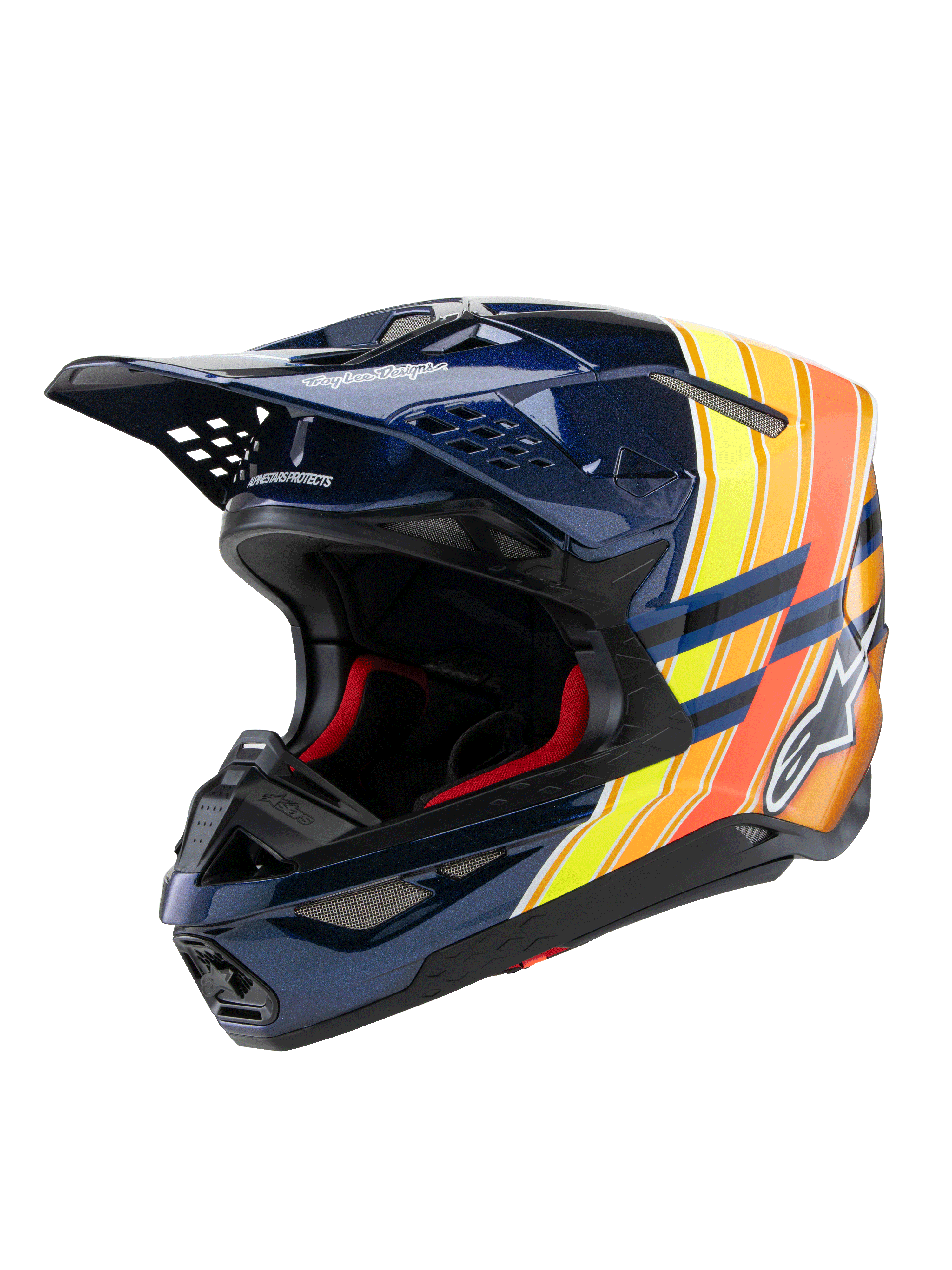 Alpinestars Supertech M10 TLD Edition 25 hjelm, motocross-hjelm, blank mørkeblå med orange og gul fluo-grafik, med rød indvendig polstring, aerodynamisk skal med flere ventilationsåbninger, Troy Lee Designs-branding på skyggen, professionelt off-road racingudstyr