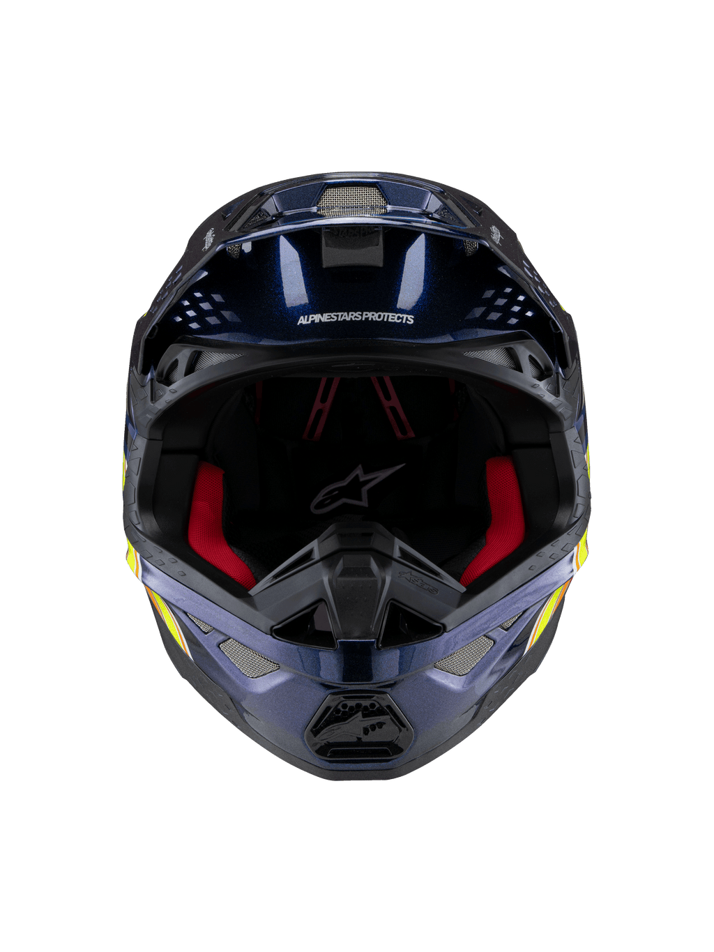 Alpinestars Supertech M10 TLD Edition 25 hjelm, motocrosshjelm, blank metallisk mørkeblå med rød indvendig polstring, set forfra med ventilationsnet og sidegrafik i gul og orange, premium beskyttelse til off-road racing