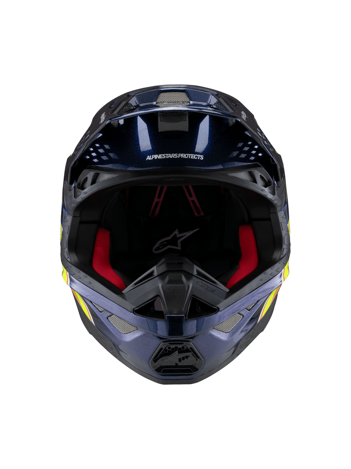 Alpinestars Supertech M10 TLD Edition 25 hjelm, motocrosshjelm, blank metallisk mørkeblå med rød indvendig polstring, set forfra med ventilationsnet og sidegrafik i gul og orange, premium beskyttelse til off-road racing