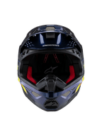 Alpinestars Supertech M10 TLD Edition 25 hjelm, motocrosshjelm, blank metallisk mørkeblå med rød indvendig polstring, set forfra med ventilationsnet og sidegrafik i gul og orange, premium beskyttelse til off-road racing