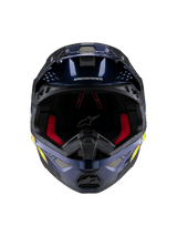 Alpinestars Supertech M10 TLD Edition 25 hjelm, motocrosshjelm, blank metallisk mørkeblå med rød indvendig polstring, set forfra med ventilationsnet og sidegrafik i gul og orange, premium beskyttelse til off-road racing