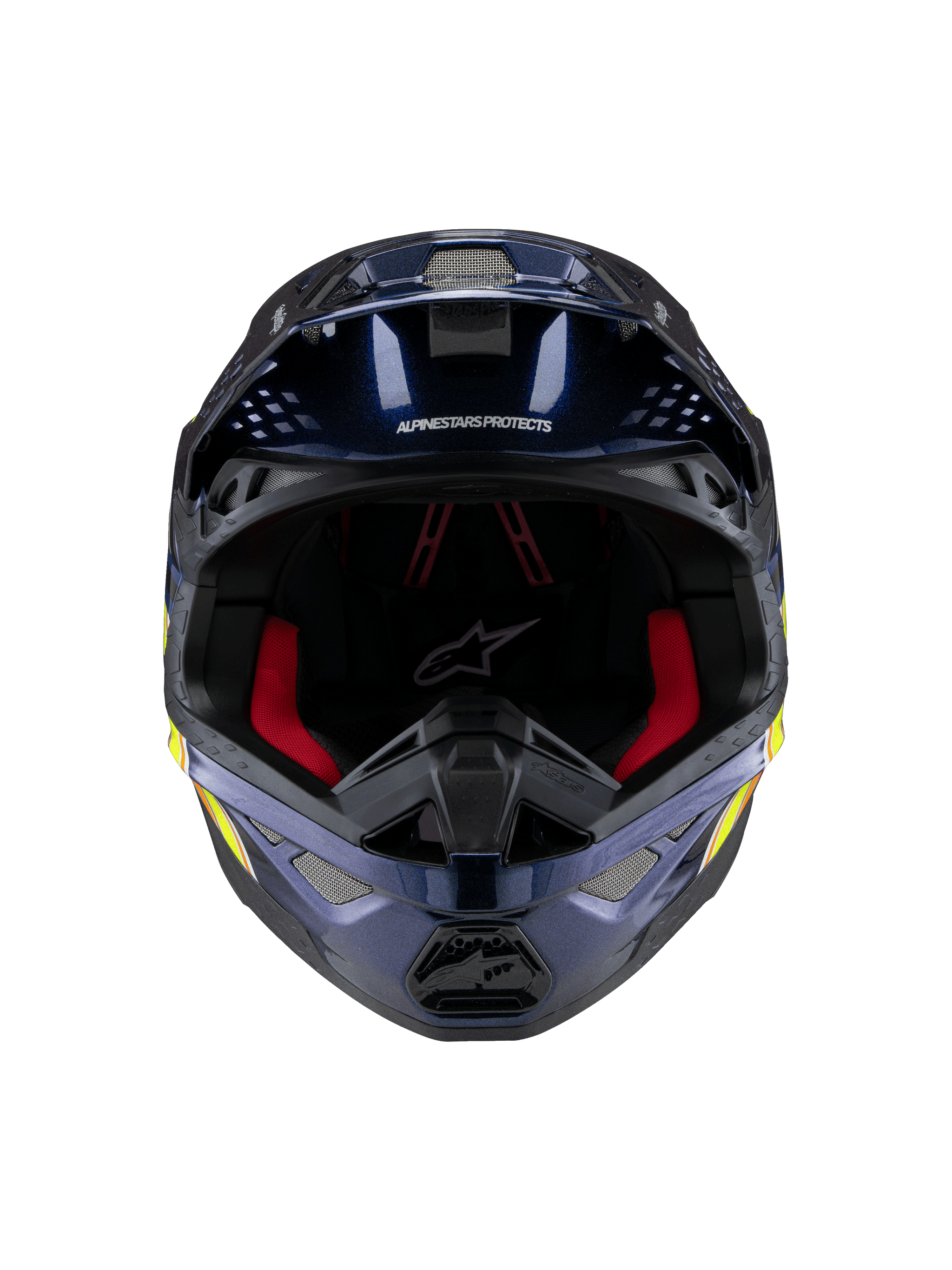 Alpinestars Supertech M10 TLD Edition 25 hjelm, motocrosshjelm, blank metallisk mørkeblå med rød indvendig polstring, set forfra med ventilationsnet og sidegrafik i gul og orange, premium beskyttelse til off-road racing