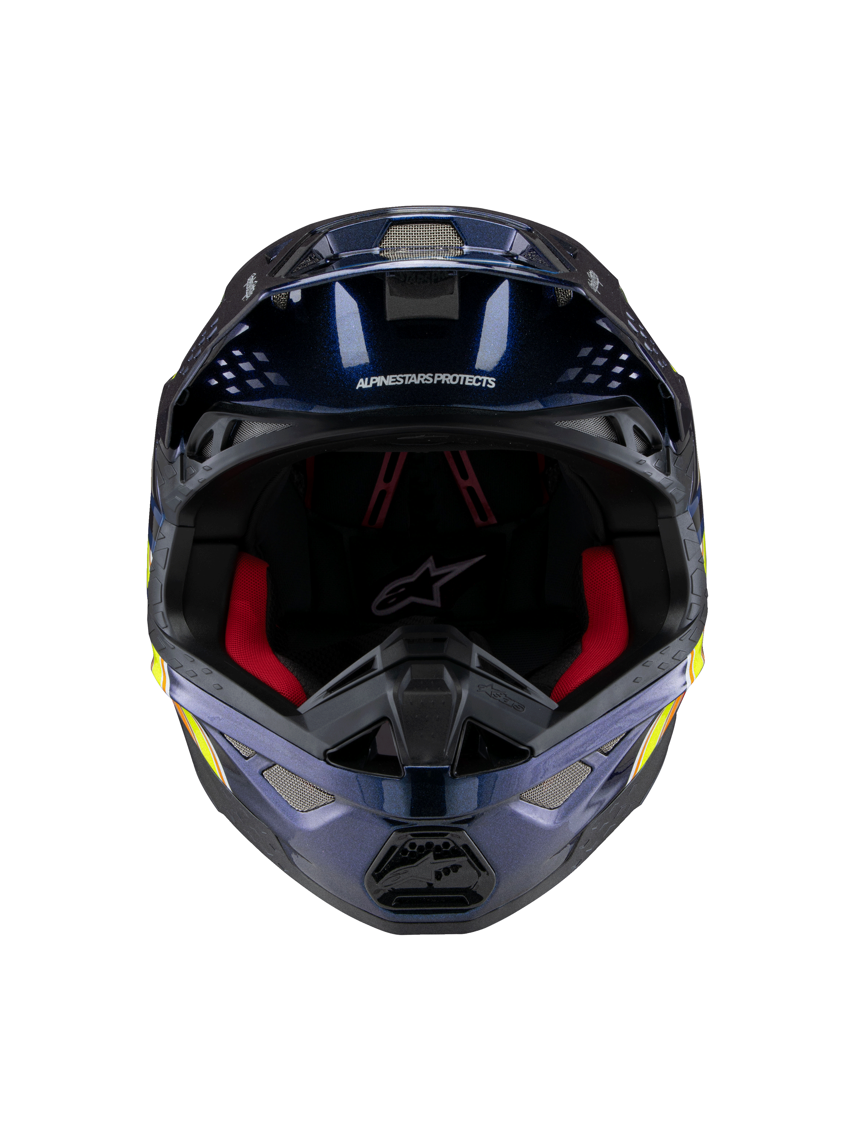 Alpinestars Supertech M10 TLD Edition 25 hjelm, motocrosshjelm, blank metallisk mørkeblå med rød indvendig polstring, set forfra med ventilationsnet og sidegrafik i gul og orange, premium beskyttelse til off-road racing