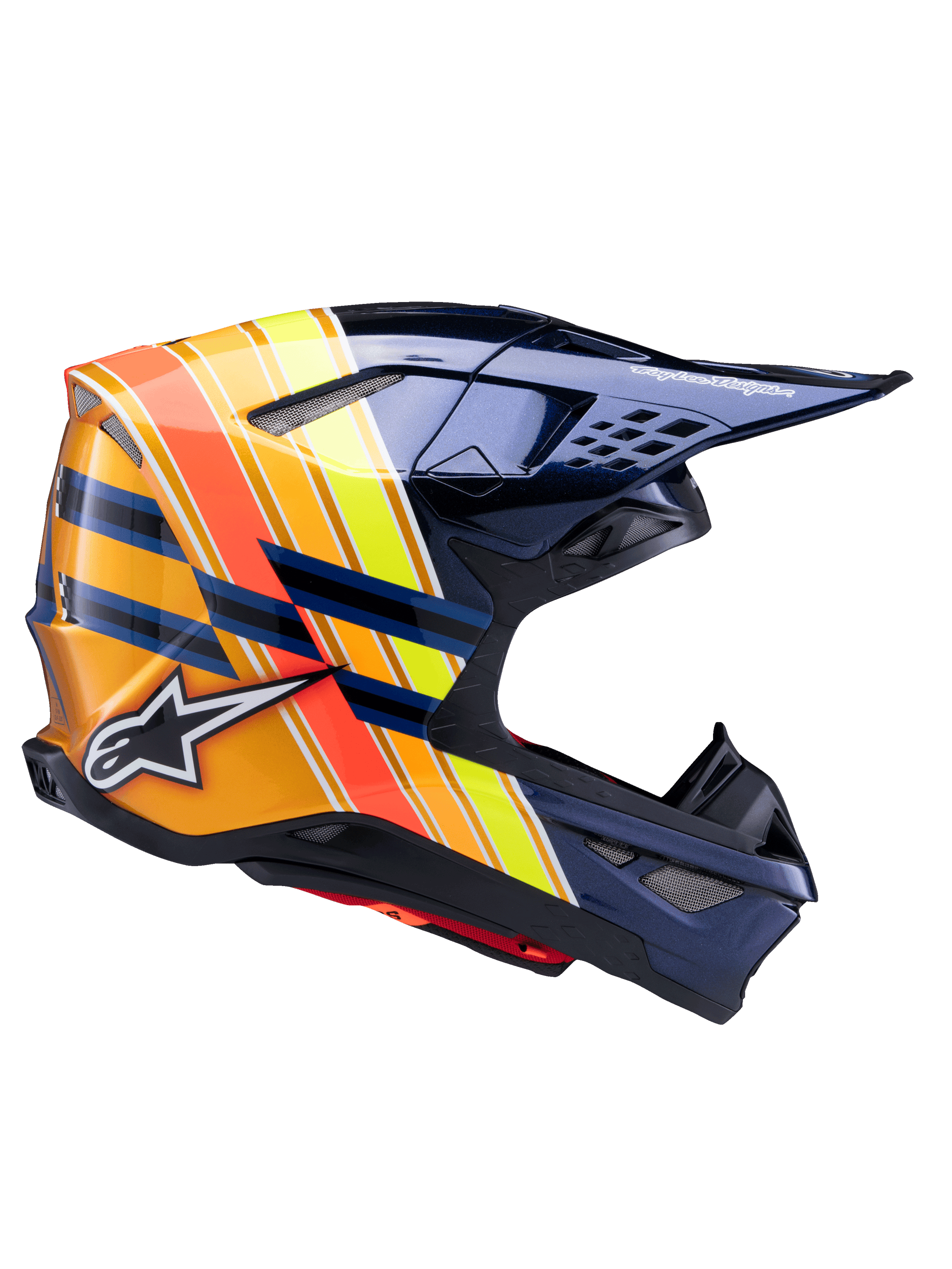 Alpinestars Supertech M10 TLD Edition 25 hjelm, motocross-hjelm, mørk metallisk blå med livlige orange, gule og røde striber, sideprofil, blank finish med Alpinestars- og Troy Lee Designs-branding, aerodynamisk skal med flere mesh-ventiler til off-road racing
