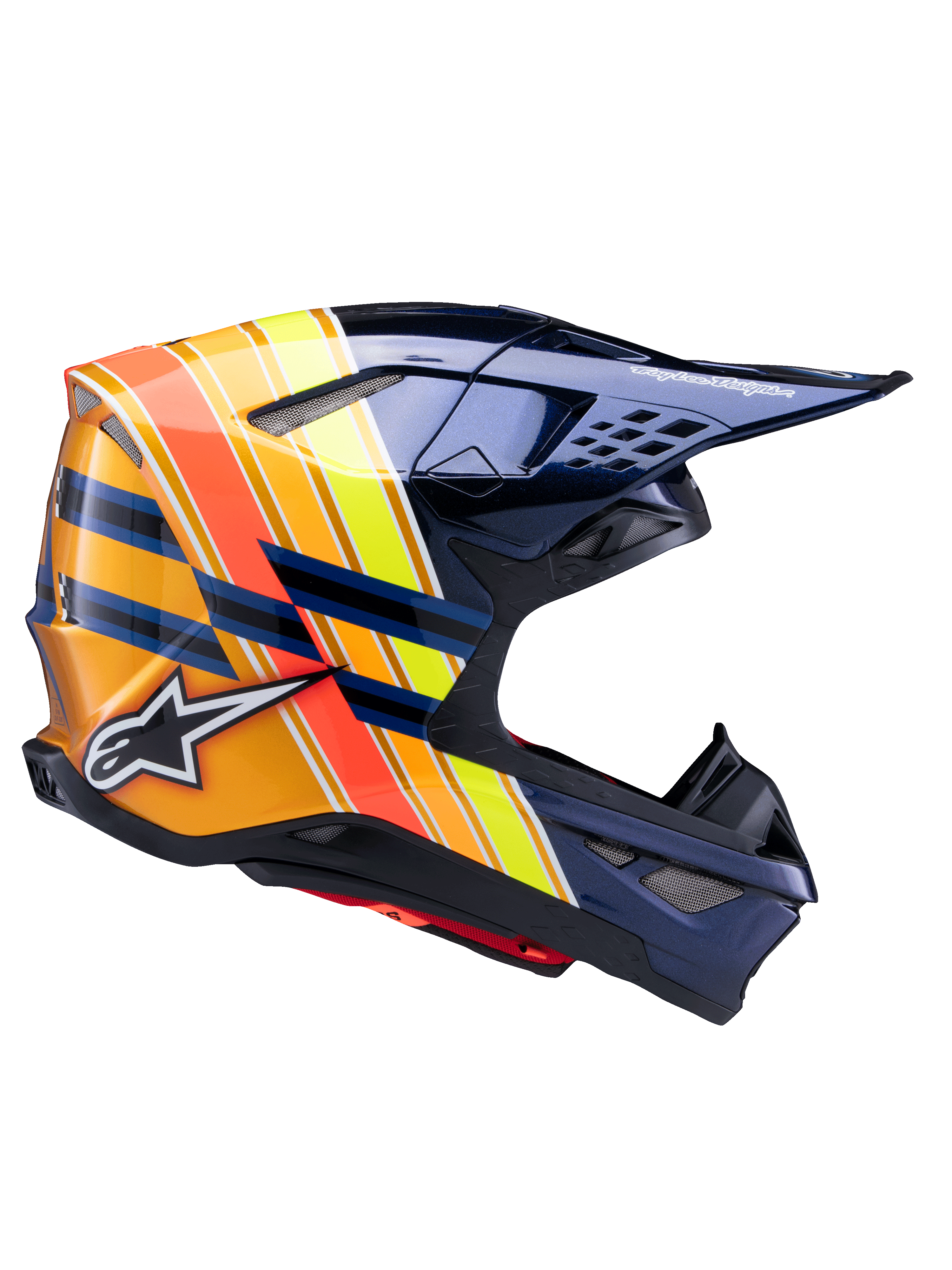 Alpinestars Supertech M10 TLD Edition 25 hjelm, motocross-hjelm, mørk metallisk blå med livlige orange, gule og røde striber, sideprofil, blank finish med Alpinestars- og Troy Lee Designs-branding, aerodynamisk skal med flere mesh-ventiler til off-road racing