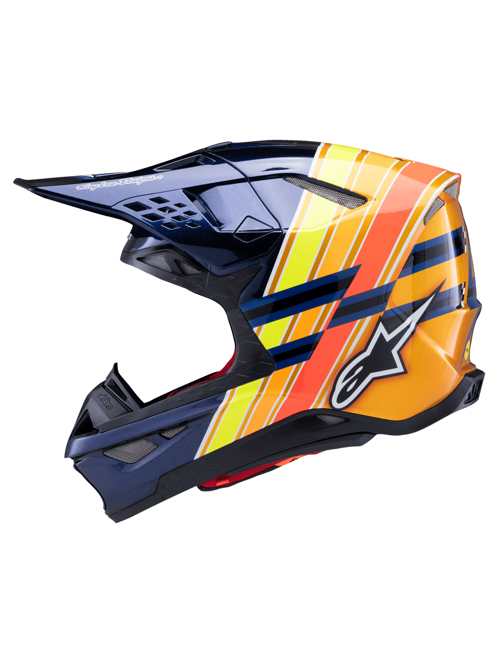 Alpinestars Supertech M10 TLD Edition 25 hjelm, sideprofil, blank mørkeblå med livlige orange, gule og fluorescerende røde grafiske striber, med det hvide Alpinestars-logo og Troy Lee Designs-branding, avanceret motocrosshjelm til off-road-brug