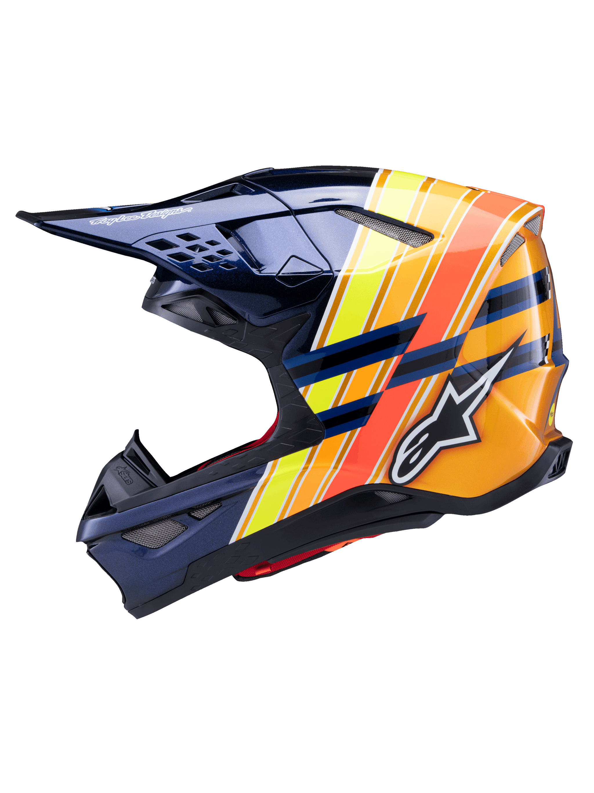 Alpinestars Supertech M10 TLD Edition 25 hjelm, sideprofil, blank mørkeblå med livlige orange, gule og fluorescerende røde grafiske striber, med det hvide Alpinestars-logo og Troy Lee Designs-branding, avanceret motocrosshjelm til off-road-brug