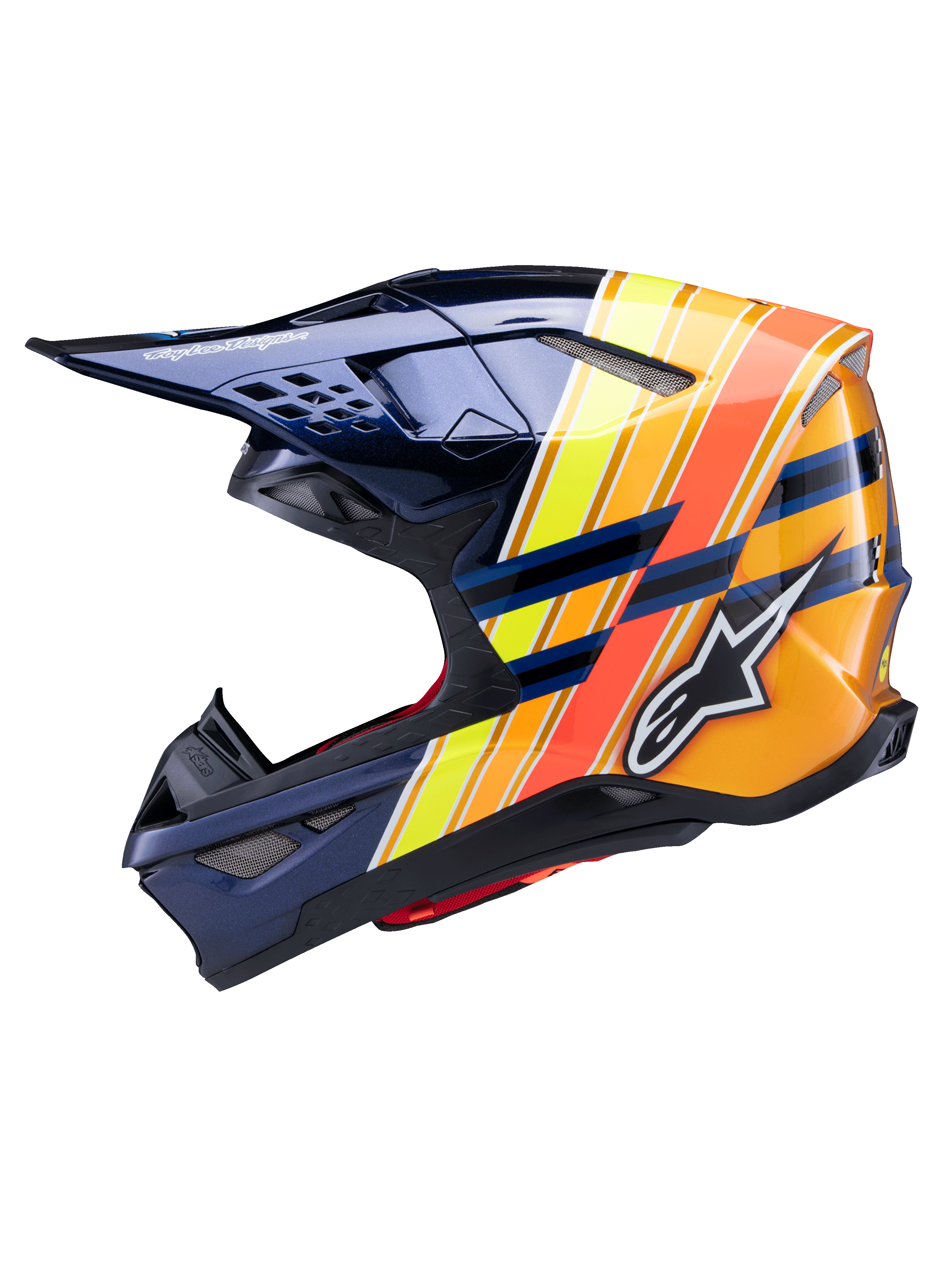 Alpinestars Supertech M10 TLD Edition 25 hjelm, sideprofil, blank mørkeblå med livlige orange, gule og fluorescerende røde grafiske striber, med det hvide Alpinestars-logo og Troy Lee Designs-branding, avanceret motocrosshjelm til off-road-brug