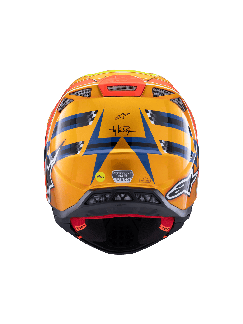 Alpinestars Supertech M10 TLD Edition 25-hjelm, motocrosshjelm, set bagfra, blank orange og blå med fluorescerende gule og røde accenter, med Troy Lee Designs-branding og MIPS-sikkerhedssystem, aerodynamisk design med ventilationsåbninger