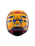 Alpinestars Supertech M10 TLD Edition 25-hjelm, motocrosshjelm, set bagfra, blank orange og blå med fluorescerende gule og røde accenter, med Troy Lee Designs-branding og MIPS-sikkerhedssystem, aerodynamisk design med ventilationsåbninger