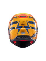 Alpinestars Supertech M10 TLD Edition 25-hjelm, motocrosshjelm, set bagfra, blank orange og blå med fluorescerende gule og røde accenter, med Troy Lee Designs-branding og MIPS-sikkerhedssystem, aerodynamisk design med ventilationsåbninger