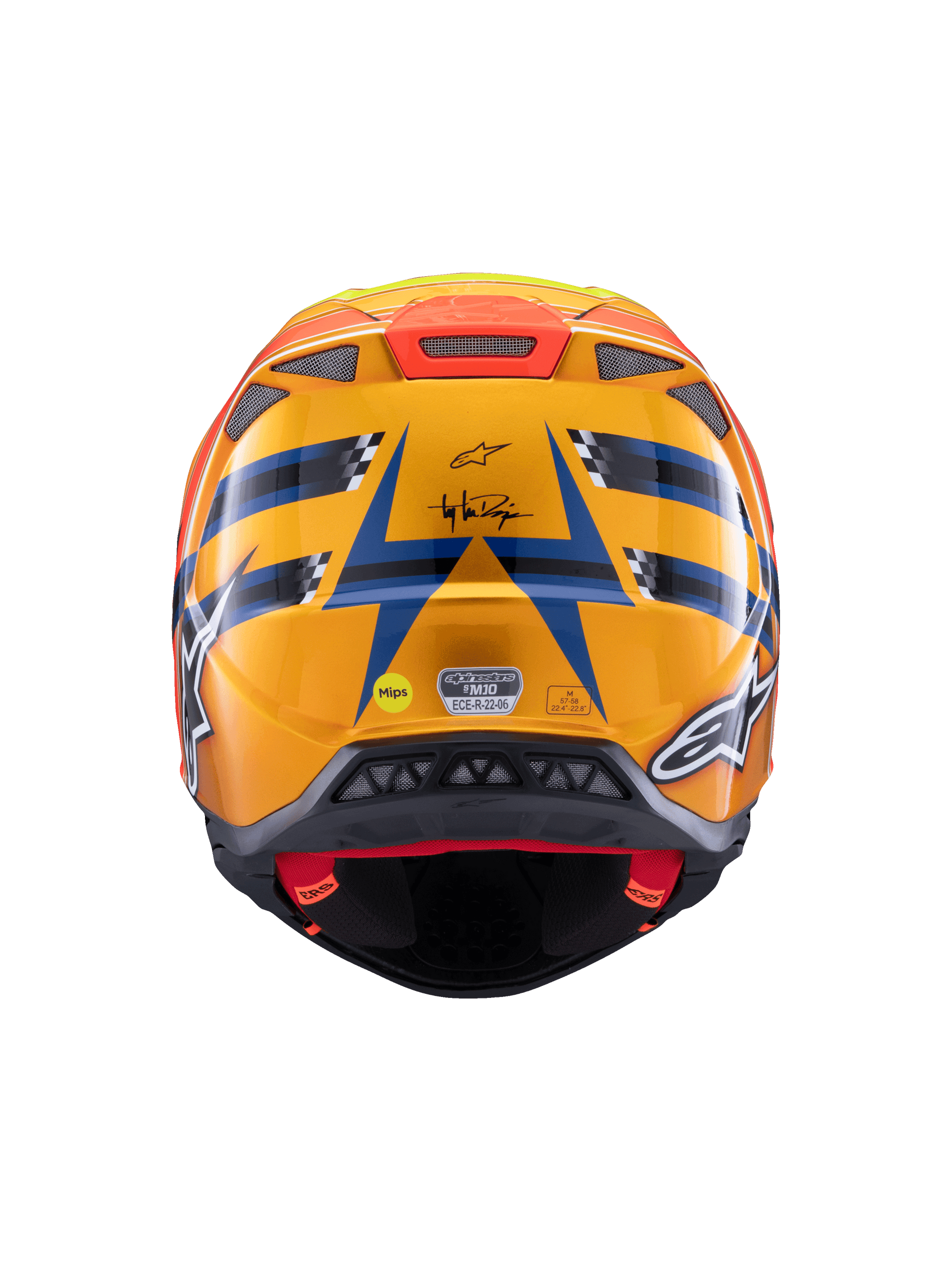 Alpinestars Supertech M10 TLD Edition 25-hjelm, motocrosshjelm, set bagfra, blank orange og blå med fluorescerende gule og røde accenter, med Troy Lee Designs-branding og MIPS-sikkerhedssystem, aerodynamisk design med ventilationsåbninger