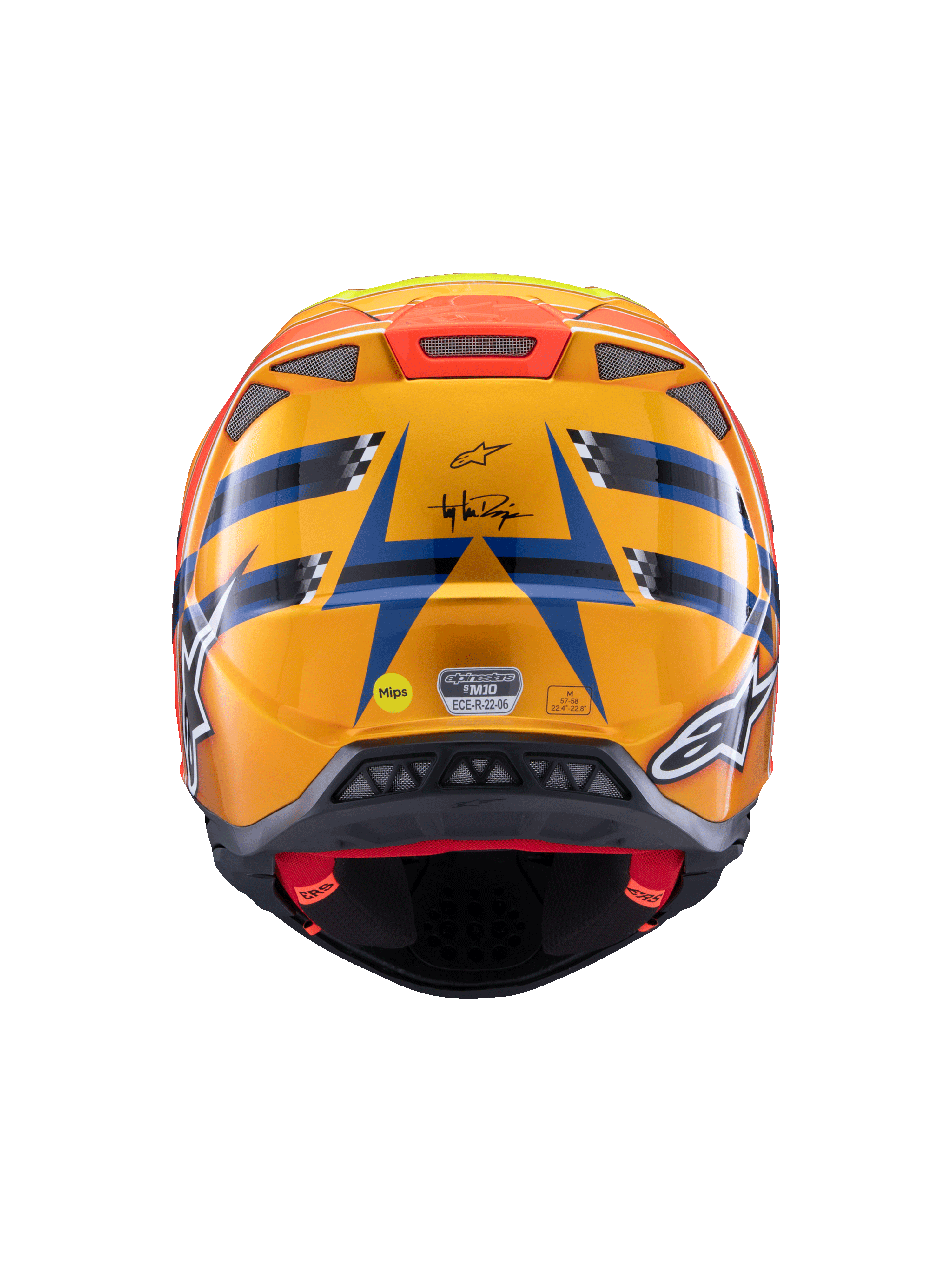 Alpinestars Supertech M10 TLD Edition 25-hjelm, motocrosshjelm, set bagfra, blank orange og blå med fluorescerende gule og røde accenter, med Troy Lee Designs-branding og MIPS-sikkerhedssystem, aerodynamisk design med ventilationsåbninger