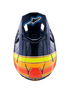 Alpinestars Supertech M10 TLD Edition 25-hjelm, motocrosshjelm, blank mørkeblå med orange, neongule og røde striber, set oppefra, viser visiret med Astar-logo og mesh-ventilationsporte, professionelt off-road racingudstyr