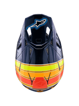 Alpinestars Supertech M10 TLD Edition 25-hjelm, motocrosshjelm, blank mørkeblå med orange, neongule og røde striber, set oppefra, viser visiret med Astar-logo og mesh-ventilationsporte, professionelt off-road racingudstyr