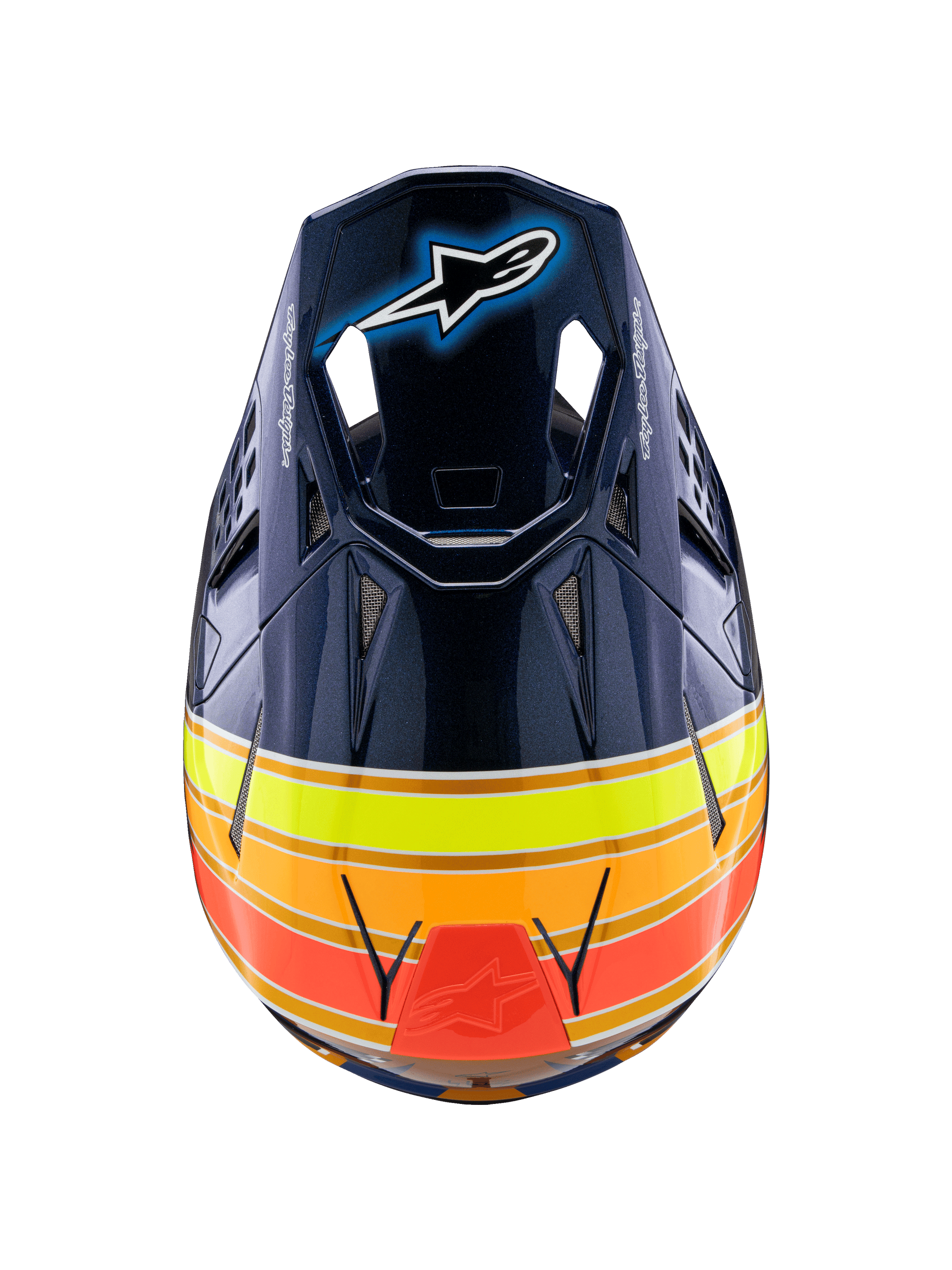 Alpinestars Supertech M10 TLD Edition 25-hjelm, motocrosshjelm, blank mørkeblå med orange, neongule og røde striber, set oppefra, viser visiret med Astar-logo og mesh-ventilationsporte, professionelt off-road racingudstyr