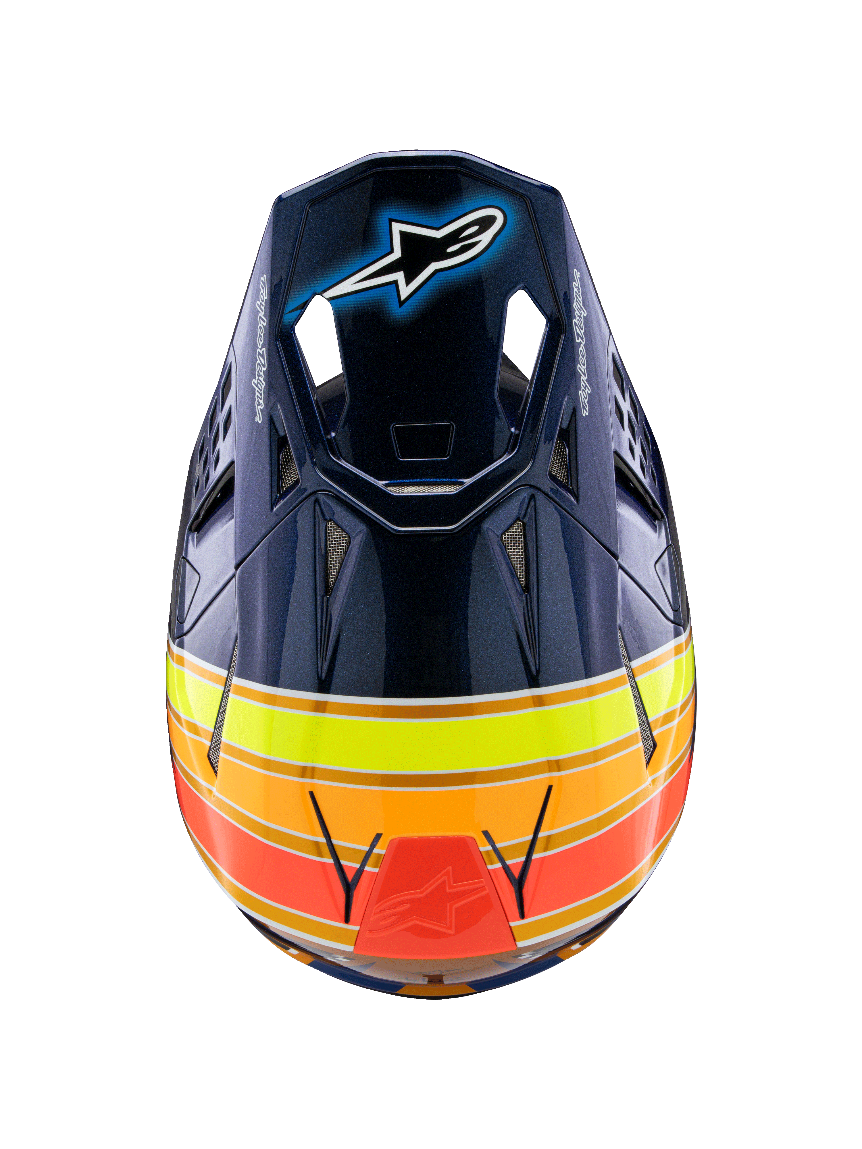 Alpinestars Supertech M10 TLD Edition 25-hjelm, motocrosshjelm, blank mørkeblå med orange, neongule og røde striber, set oppefra, viser visiret med Astar-logo og mesh-ventilationsporte, professionelt off-road racingudstyr