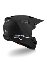 Alpinestars S-M3 Solid hjelm ECE 22.06, motocross-hjelm, matsort, med hvidt Alpinestars-logo på siden og bagpå, aerodynamisk skal med integrerede ventilationsåbninger og quick-release visir, designet til off-road racing-performance