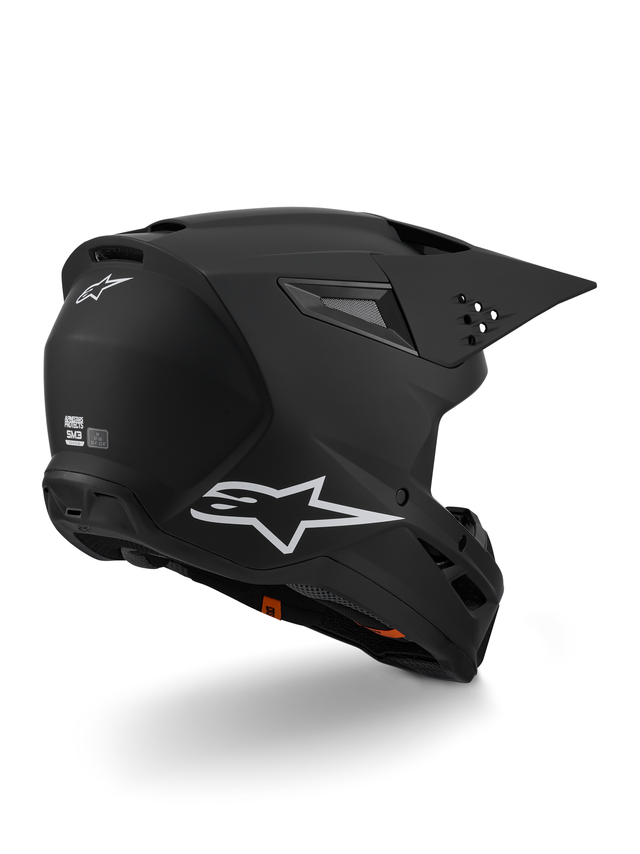 Alpinestars S-M3 Solid hjelm ECE 22.06, motocross-hjelm, matsort, med hvidt Alpinestars-logo på siden og bagpå, aerodynamisk skal med integrerede ventilationsåbninger og quick-release visir, designet til off-road racing-performance