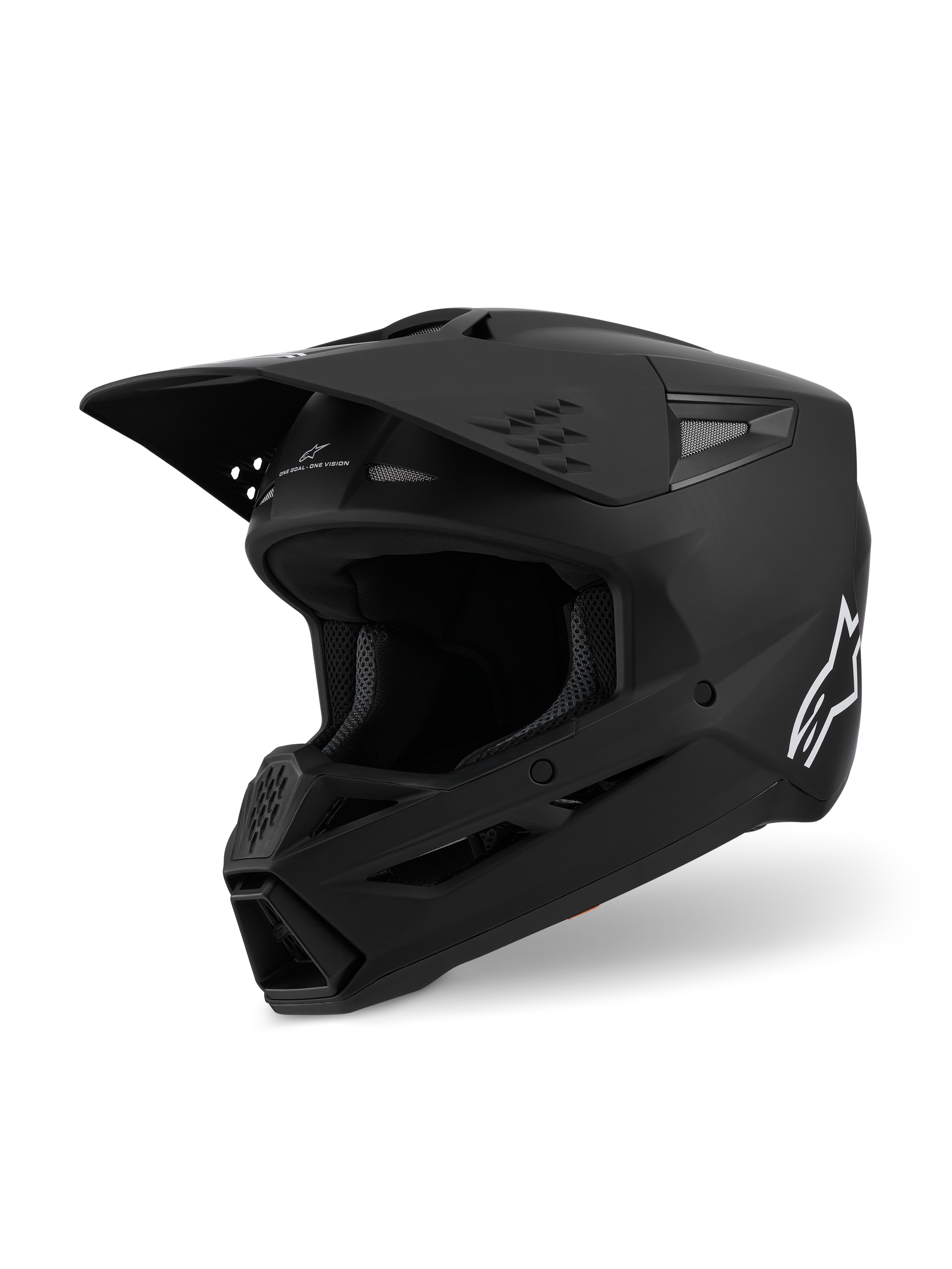 Alpinestars S-M3 Solid Helmet ECE 22.06, Motocross Helmet, Matte Black, three-quarter side view featuring a large visor and intake vents, sleek aerodynamic shell with a white Alpinestars logo, professional off-road racing gear
