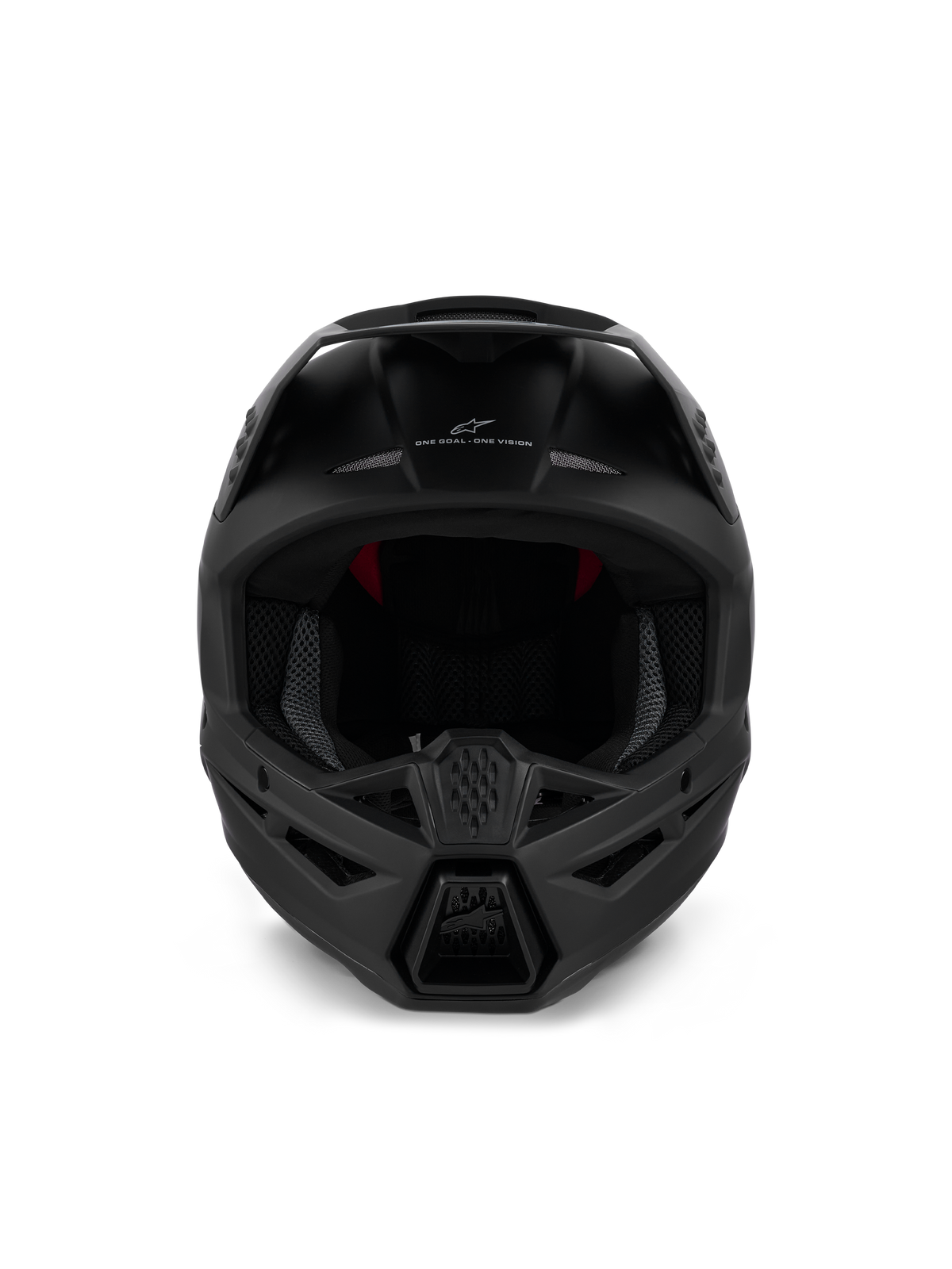 Alpinestars S-M3 Solid Hjelm ECE 22.06, motocrosshjelm, matsort, set forfra med aggressiv ventilation i hagebeskytteren og 'ONE GOAL - ONE VISION' branding, strømlinet design til off-road racing