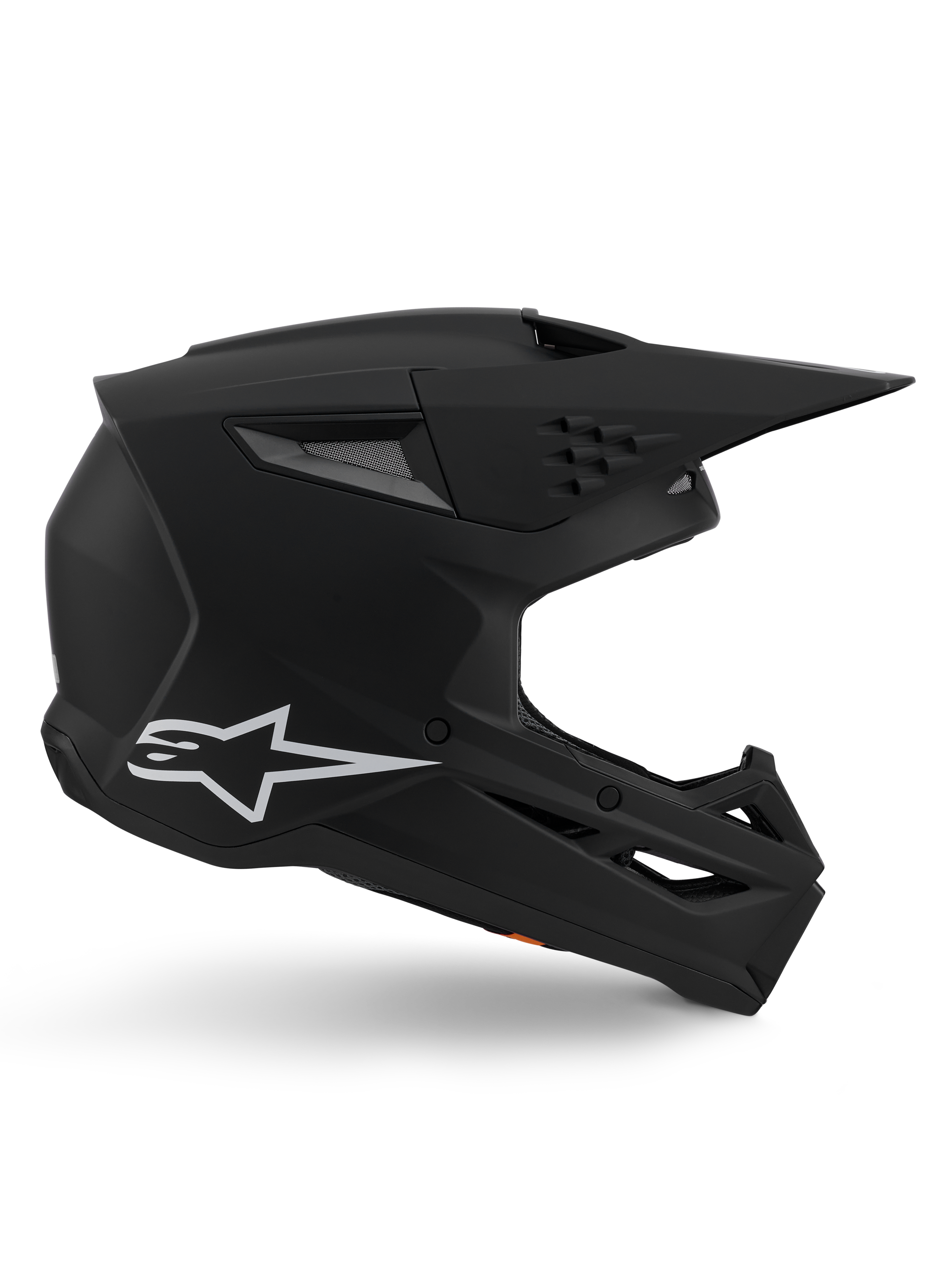 Alpinestars S-M3 Solid hjelm, motocross-hjelm, matsort finish, sideprofil med hvidt Alpinestars-logo, aerodynamisk skal med flere ventilationsporte og stort visir, professionelt beskyttelsesudstyr til terrænkørsel