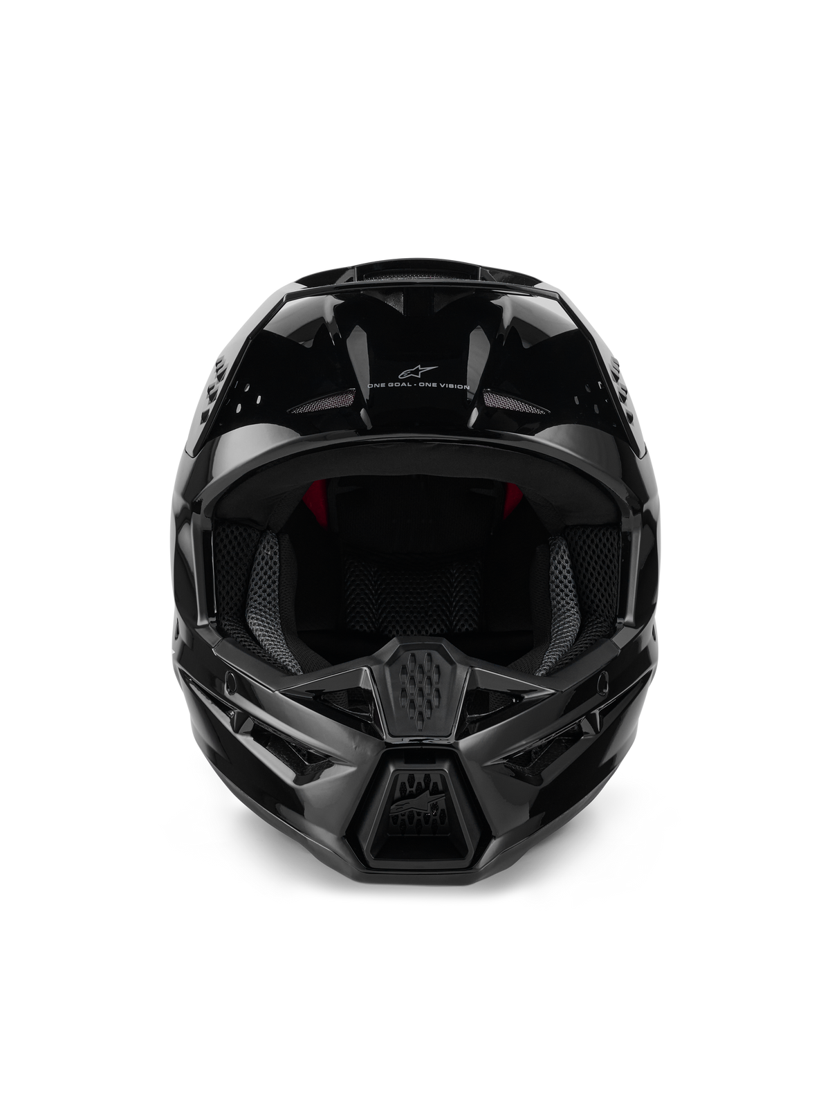 Alpinestars S-M3 Solid hjelm ECE 22.06, motocrosshjelm, blank sort, set forfra med ventilationsindtag, strømlinet aerodynamisk skal med blank finish, Alpinestars-logo og 'One Goal. One Vision.' branding
