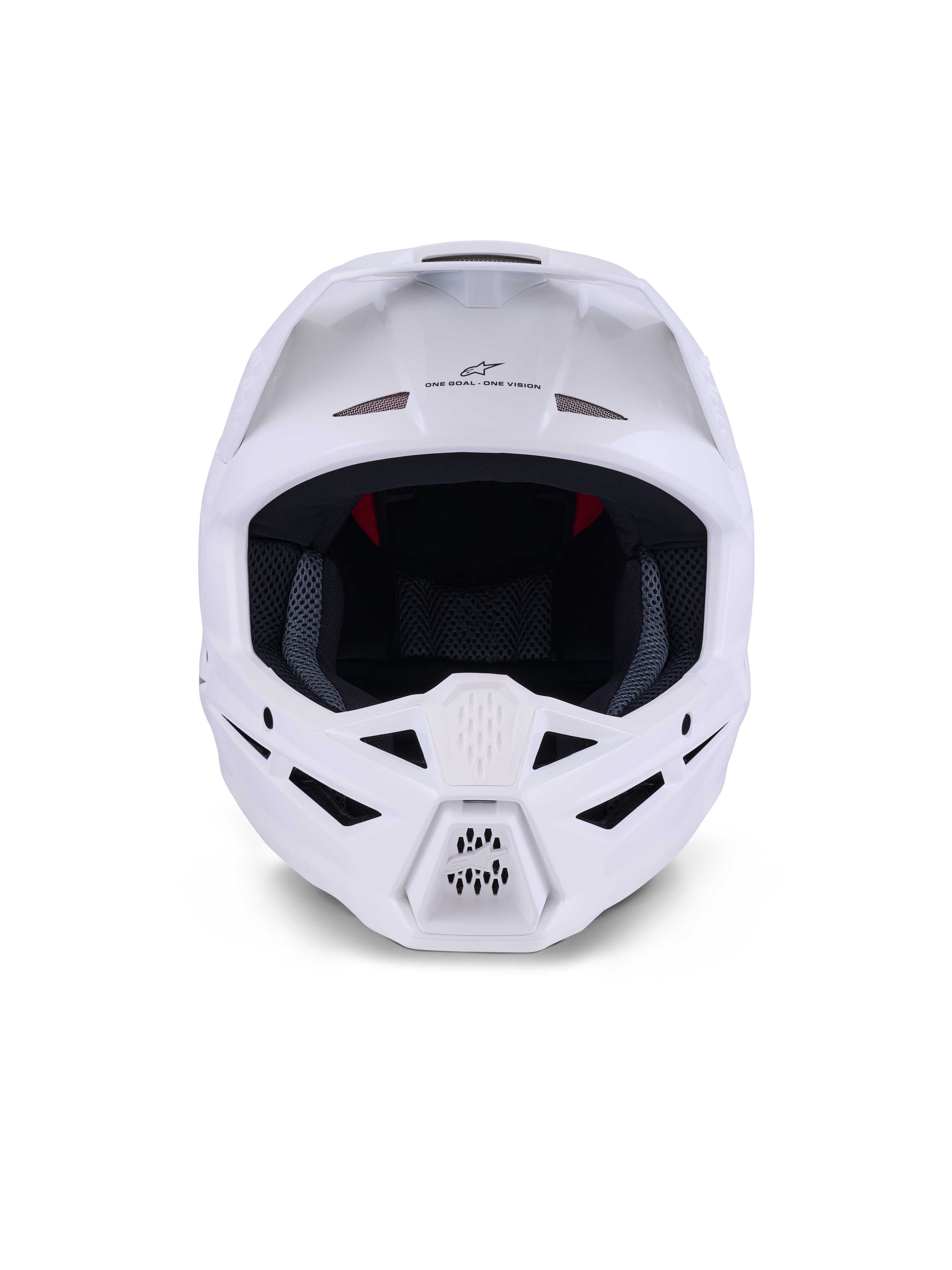 Alpinestars S-M3 Solid Helmet ECE 22.06, Motocross Helmet, White Glossy, front view featuring multiple ventilation intake ports on the chin and forehead, sleek aerodynamic shell with visor, 'ONE GOAL - ONE VISION' branding, and mesh interior liner for off-road racing protection.