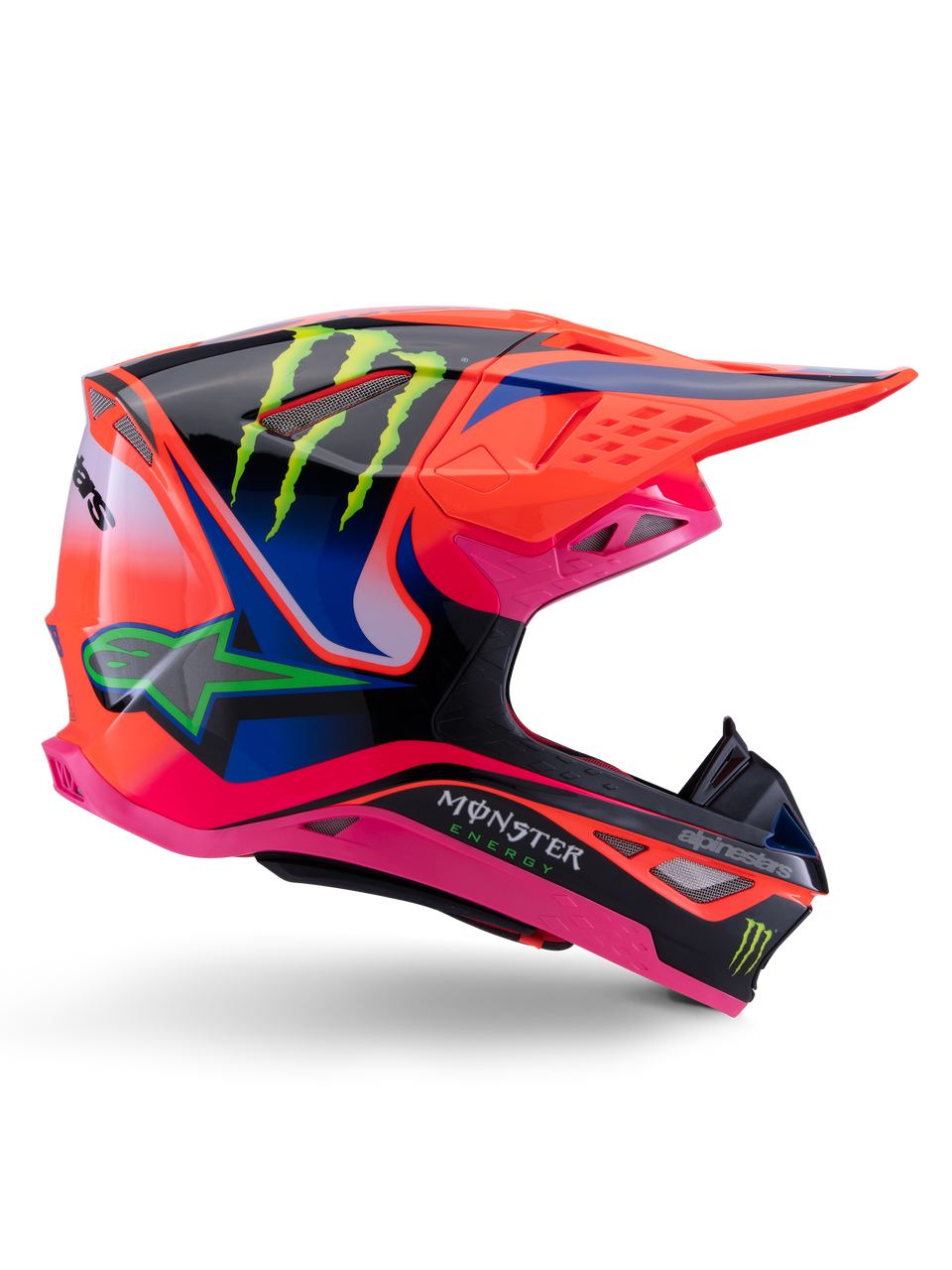 Alpinestars Supertech M10 Deegan Monster Helmet, Motocross Racing Helmet, Orange Pink Blue Black, Monster Energy Graphics with Green Yellow Claw Marks, Vented Aerodynamic Design, ECE 06 Certified, Glossy Finish