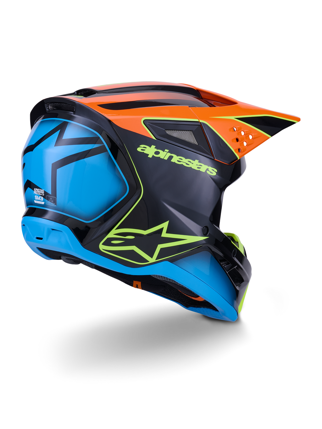 Alpinestars S-M3 Fray hjelm ECE 22.06, motocross-hjelm, sort med orange og blå paneler, med neongult Alpinestars-logo, stor blå bagsektion med stjerne-grafik, orange visir med integrerede ventilationsåbninger, professionelt off-road beskyttelsesudstyr