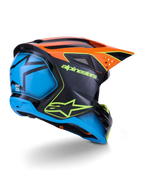Alpinestars S-M3 Fray hjelm ECE 22.06, motocross-hjelm, sort med orange og blå paneler, med neongult Alpinestars-logo, stor blå bagsektion med stjerne-grafik, orange visir med integrerede ventilationsåbninger, professionelt off-road beskyttelsesudstyr