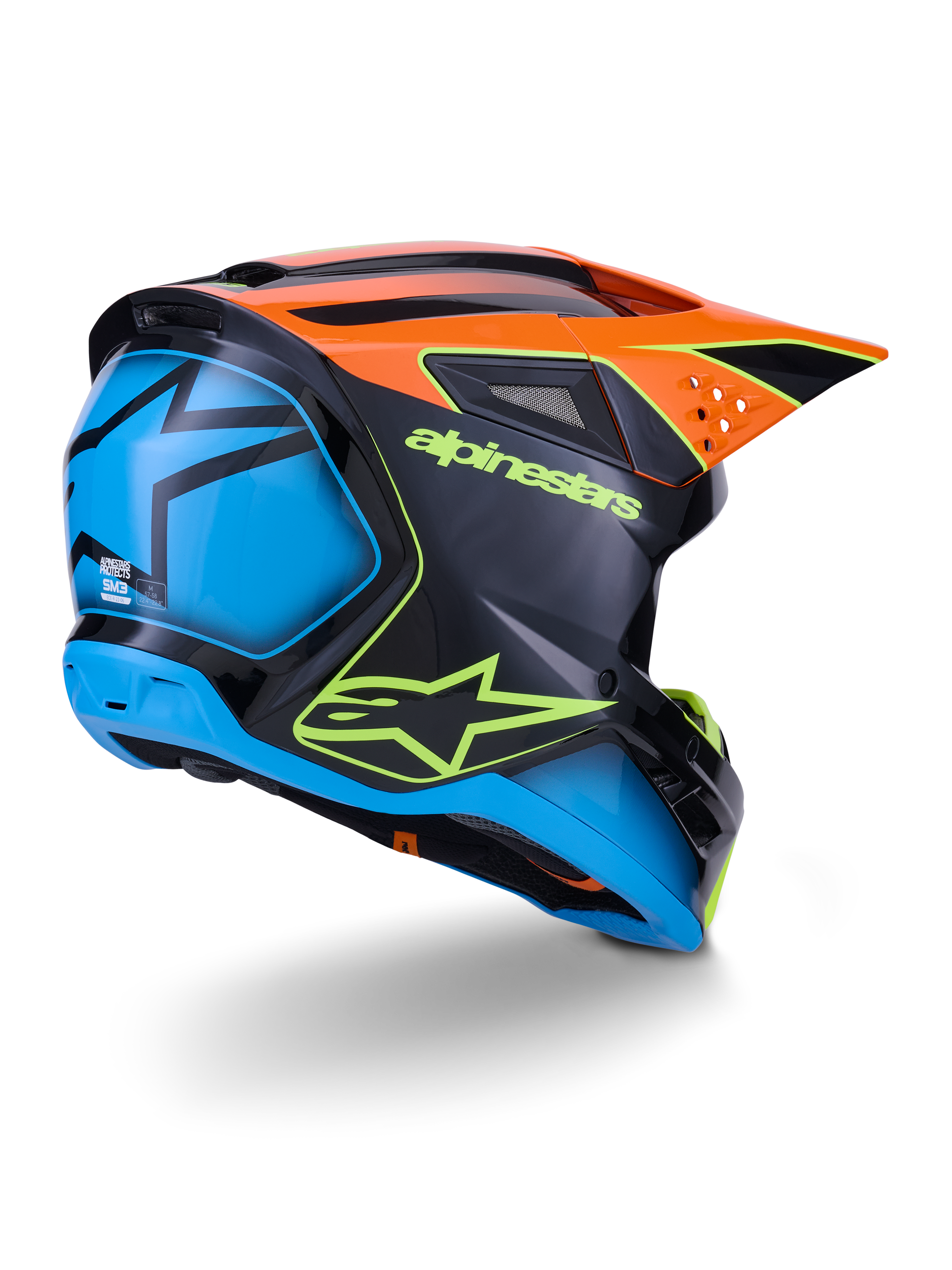 Alpinestars S-M3 Fray hjelm ECE 22.06, motocross-hjelm, sort med orange og blå paneler, med neongult Alpinestars-logo, stor blå bagsektion med stjerne-grafik, orange visir med integrerede ventilationsåbninger, professionelt off-road beskyttelsesudstyr