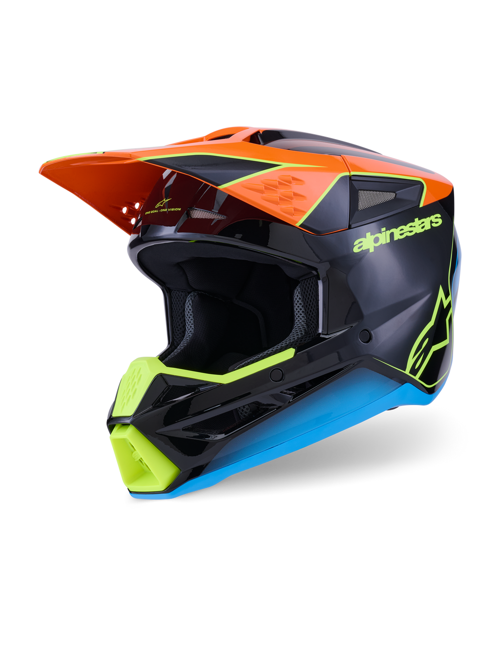 Alpinestars S-M3 Fray hjelm, motocrosshjelm, sort med orange, neongule og blå detaljer, trekvart visning, der viser den aerodynamiske termo-injicerede skal og det beskyttende visir til off-road kørsel