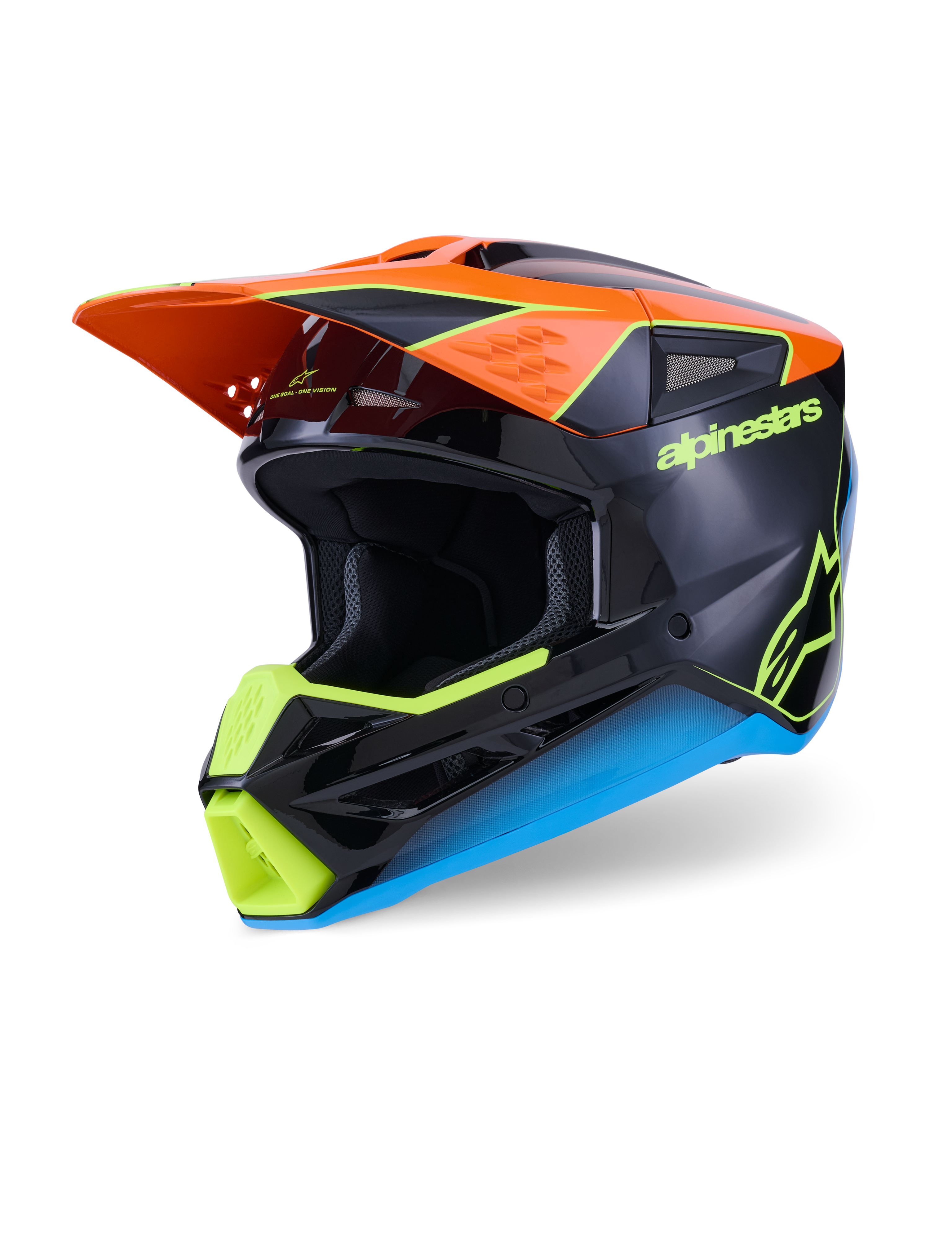 Alpinestars S-M3 Fray hjelm, motocrosshjelm, sort med orange, neongule og blå detaljer, trekvart visning, der viser den aerodynamiske termo-injicerede skal og det beskyttende visir til off-road kørsel