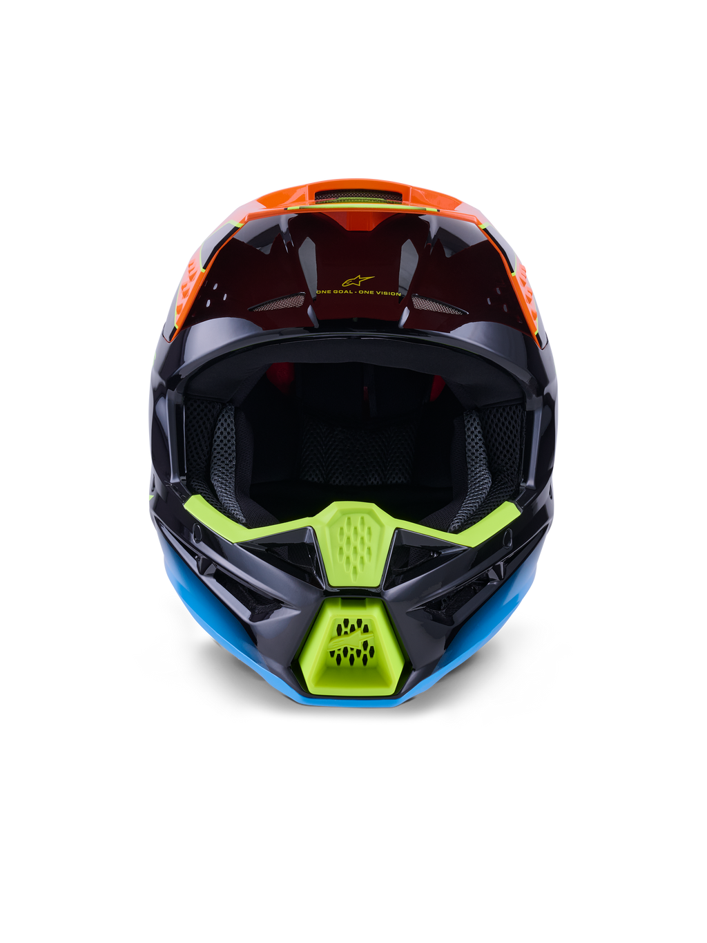 Alpinestars S-M3 Fray hjelm ECE 22.06, motocrosshjelm, sort, orange og neon-gul, set forfra med aggressivt hageparti med mesh-ventiler, bred ansigtsåbning og slank aerodynamisk profil til off-road racing