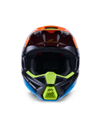 Alpinestars S-M3 Fray hjelm ECE 22.06, motocrosshjelm, sort, orange og neon-gul, set forfra med aggressivt hageparti med mesh-ventiler, bred ansigtsåbning og slank aerodynamisk profil til off-road racing