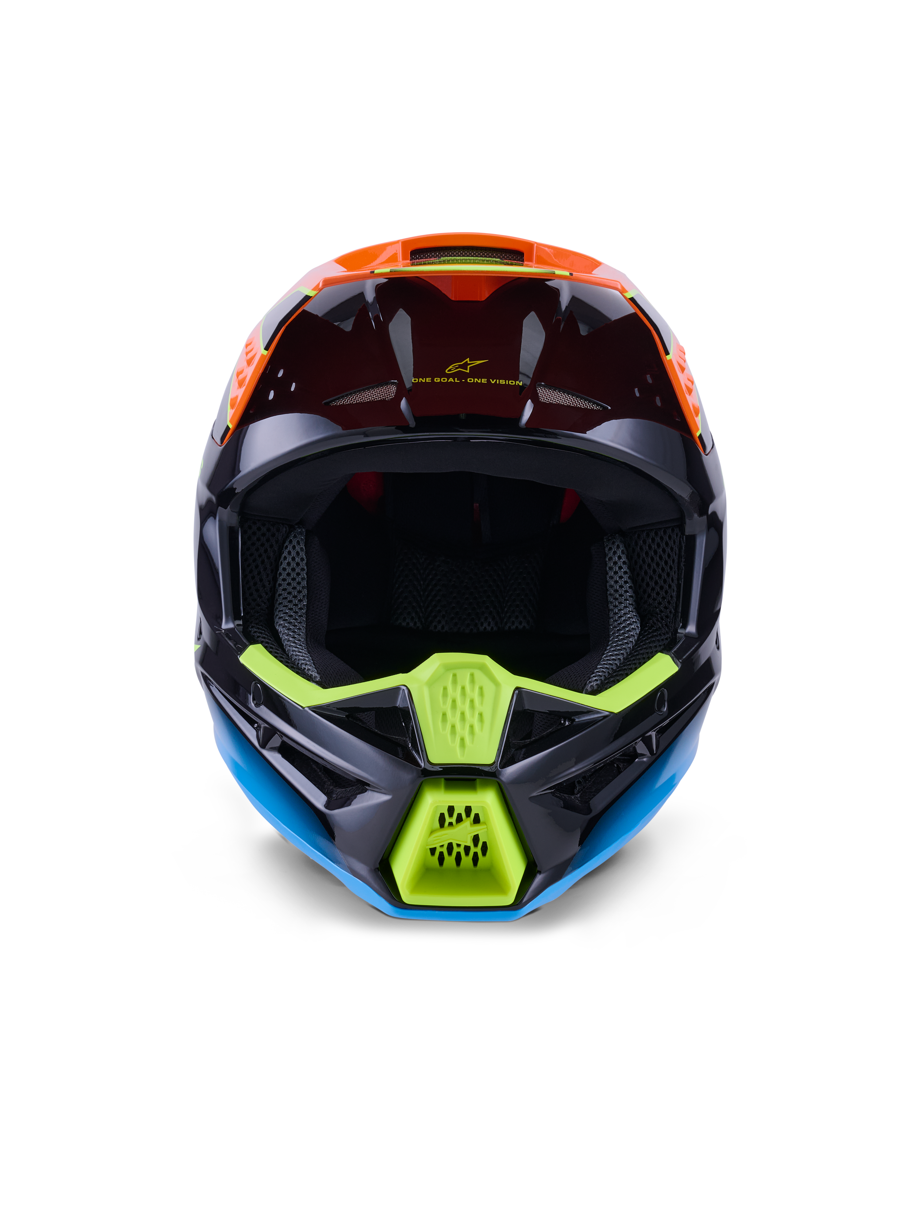 Alpinestars S-M3 Fray hjelm ECE 22.06, motocrosshjelm, sort, orange og neon-gul, set forfra med aggressivt hageparti med mesh-ventiler, bred ansigtsåbning og slank aerodynamisk profil til off-road racing