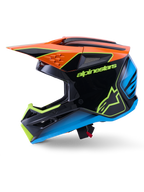 Alpinestars S-M3 Fray hjelm ECE 22.06, motocross-hjelm, sort med orange, blå og fluorescerende gule detaljer, sideprofilvisning, der viser den aerodynamiske skal og integrerede ventilationsporte, med tydelig Alpinestars-branding, professionel beskyttelse til off-road kørsel