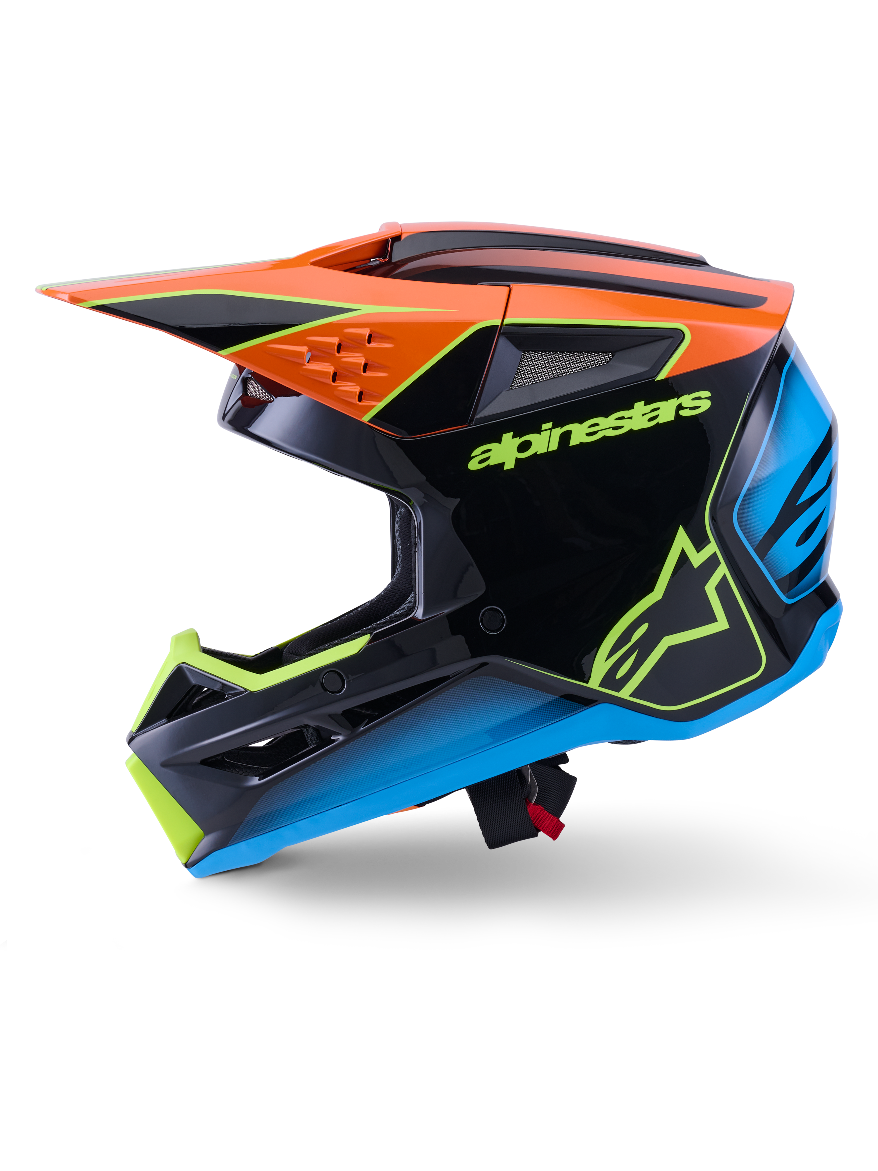 Alpinestars S-M3 Fray hjelm ECE 22.06, motocross-hjelm, sort med orange, blå og fluorescerende gule detaljer, sideprofilvisning, der viser den aerodynamiske skal og integrerede ventilationsporte, med tydelig Alpinestars-branding, professionel beskyttelse til off-road kørsel