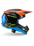 Alpinestars S-M3 Fray-hjelm ECE 22.06, motocross-hjelm, sort, orange, blå og neongul, sideprofil af en blank aerodynamisk skal med en markant orange skygge, neongrøn branding og blå detaljer, off-road racerbeskyttelse