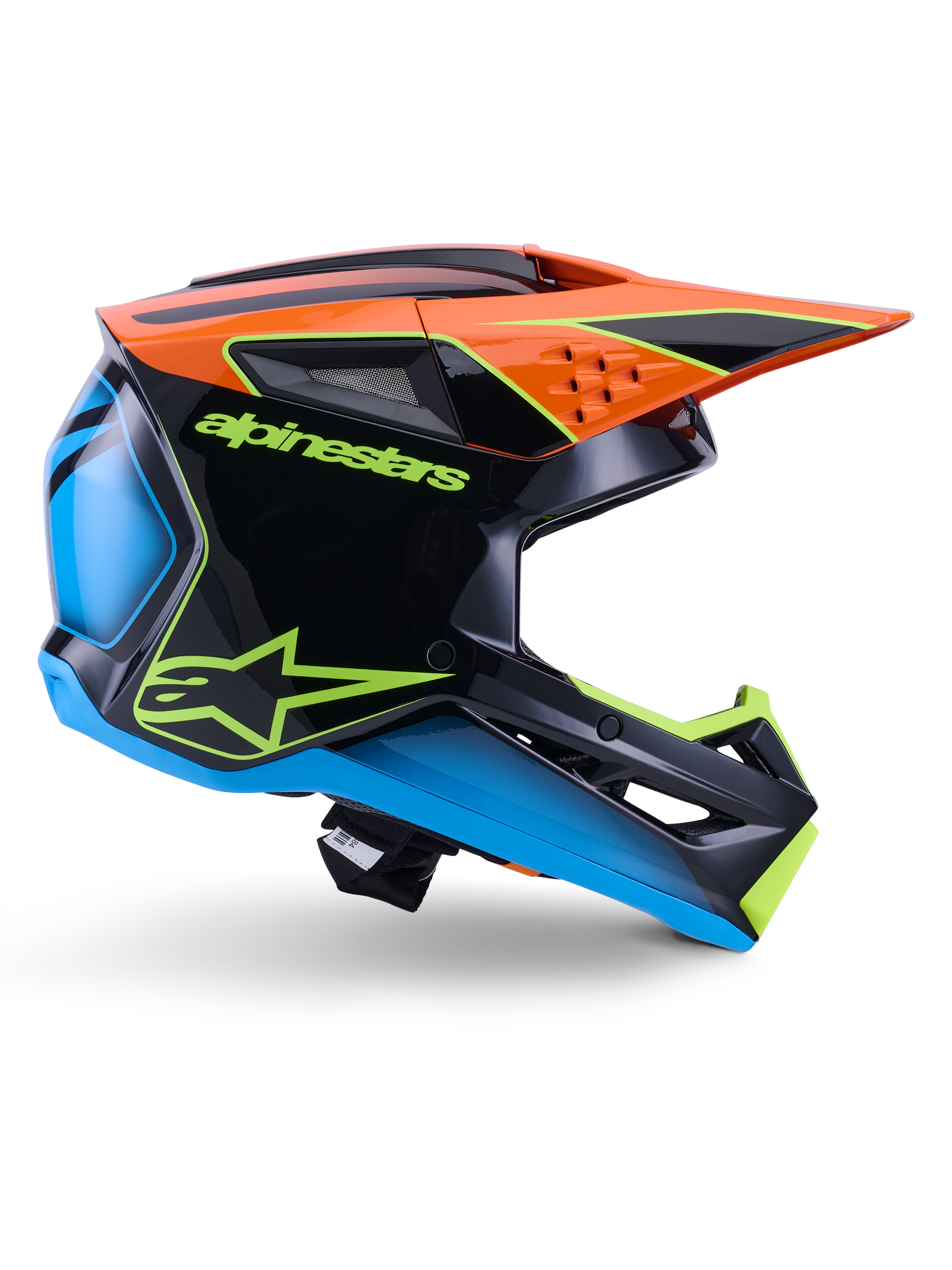 Alpinestars S-M3 Fray-hjelm ECE 22.06, motocross-hjelm, sort, orange, blå og neongul, sideprofil af en blank aerodynamisk skal med en markant orange skygge, neongrøn branding og blå detaljer, off-road racerbeskyttelse