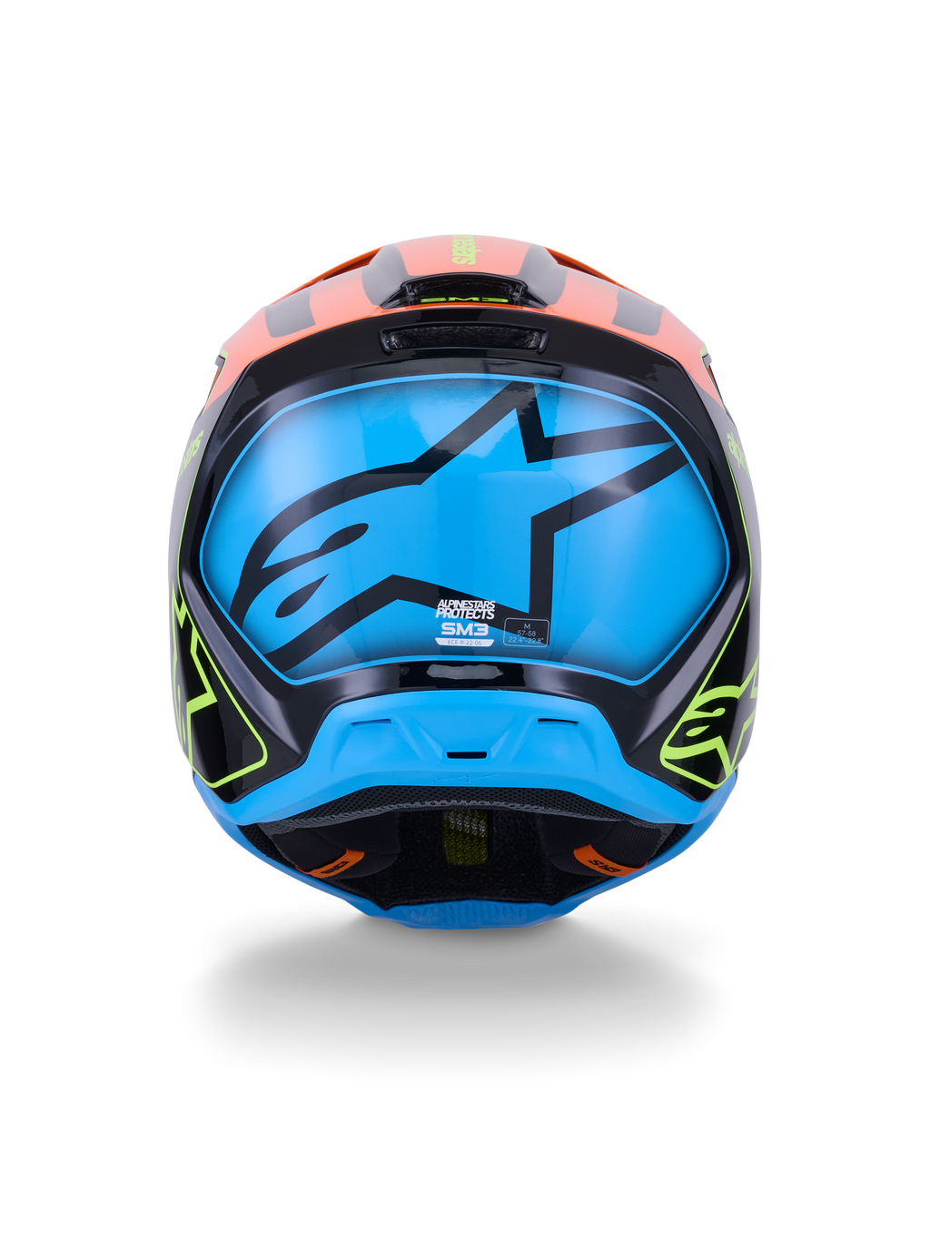 Alpinestars S-M3 Fray hjelm ECE 22.06, motocross-hjelm, set bagfra, sort med kraftige orange og neon-gule detaljer, stort blåt panel med et sort Alpinestars stjernelogo, beskyttelse til off-road kørsel