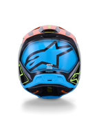 Alpinestars S-M3 Fray hjelm ECE 22.06, motocross-hjelm, set bagfra, sort med kraftige orange og neon-gule detaljer, stort blåt panel med et sort Alpinestars stjernelogo, beskyttelse til off-road kørsel