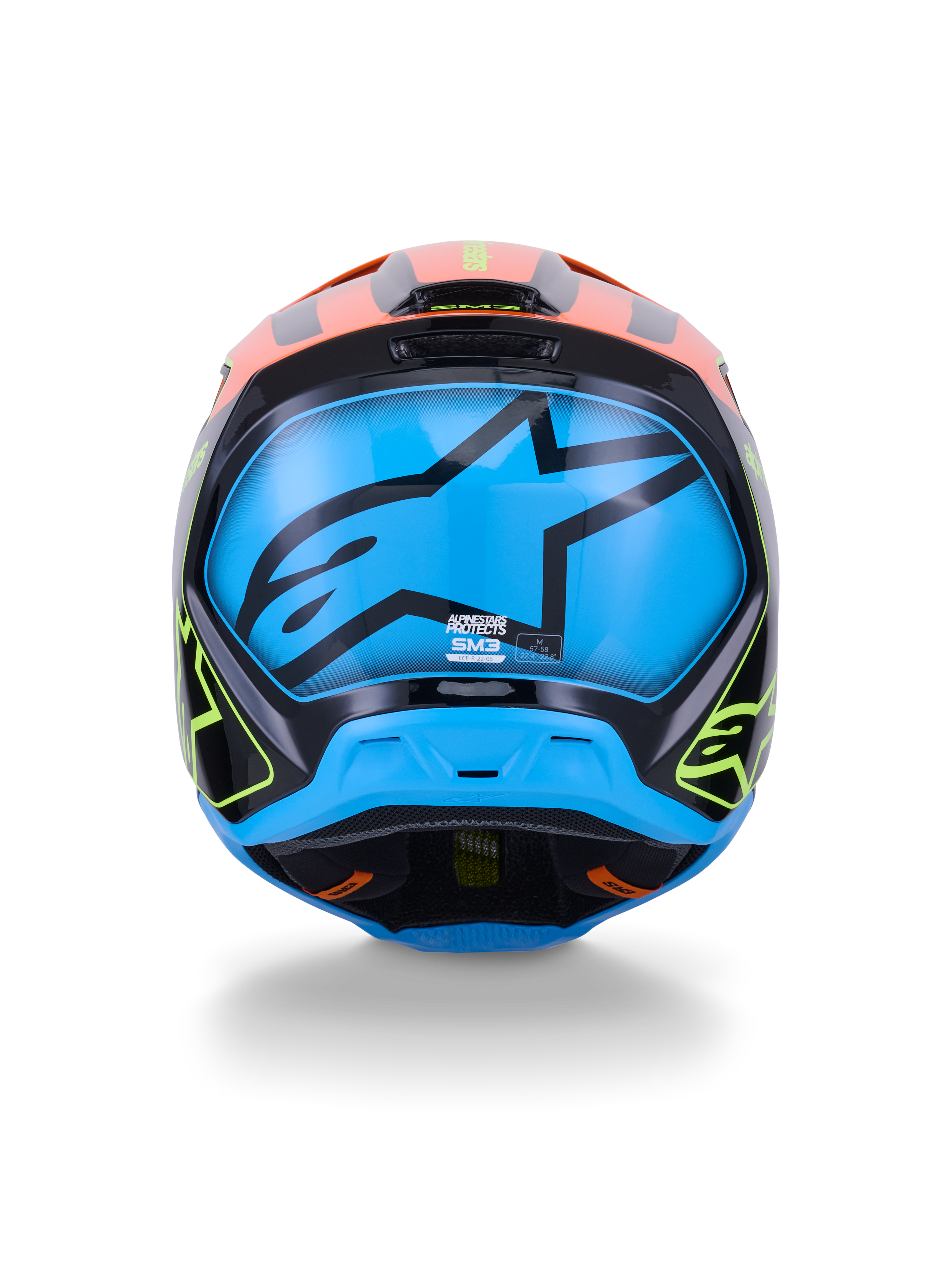 Alpinestars S-M3 Fray hjelm ECE 22.06, motocross-hjelm, set bagfra, sort med kraftige orange og neon-gule detaljer, stort blåt panel med et sort Alpinestars stjernelogo, beskyttelse til off-road kørsel