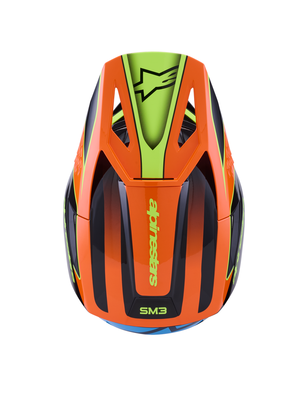 Alpinestars S-M3 Fray hjelm, motocross-hjelm, orange og fluorescerende gul med sorte detaljer, set fra oven, der viser aerodynamisk skal og skygge med Alpinestars-logo, levende grafisk design til off-road kørsel