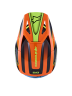 Alpinestars S-M3 Fray hjelm, motocross-hjelm, orange og fluorescerende gul med sorte detaljer, set fra oven, der viser aerodynamisk skal og skygge med Alpinestars-logo, levende grafisk design til off-road kørsel