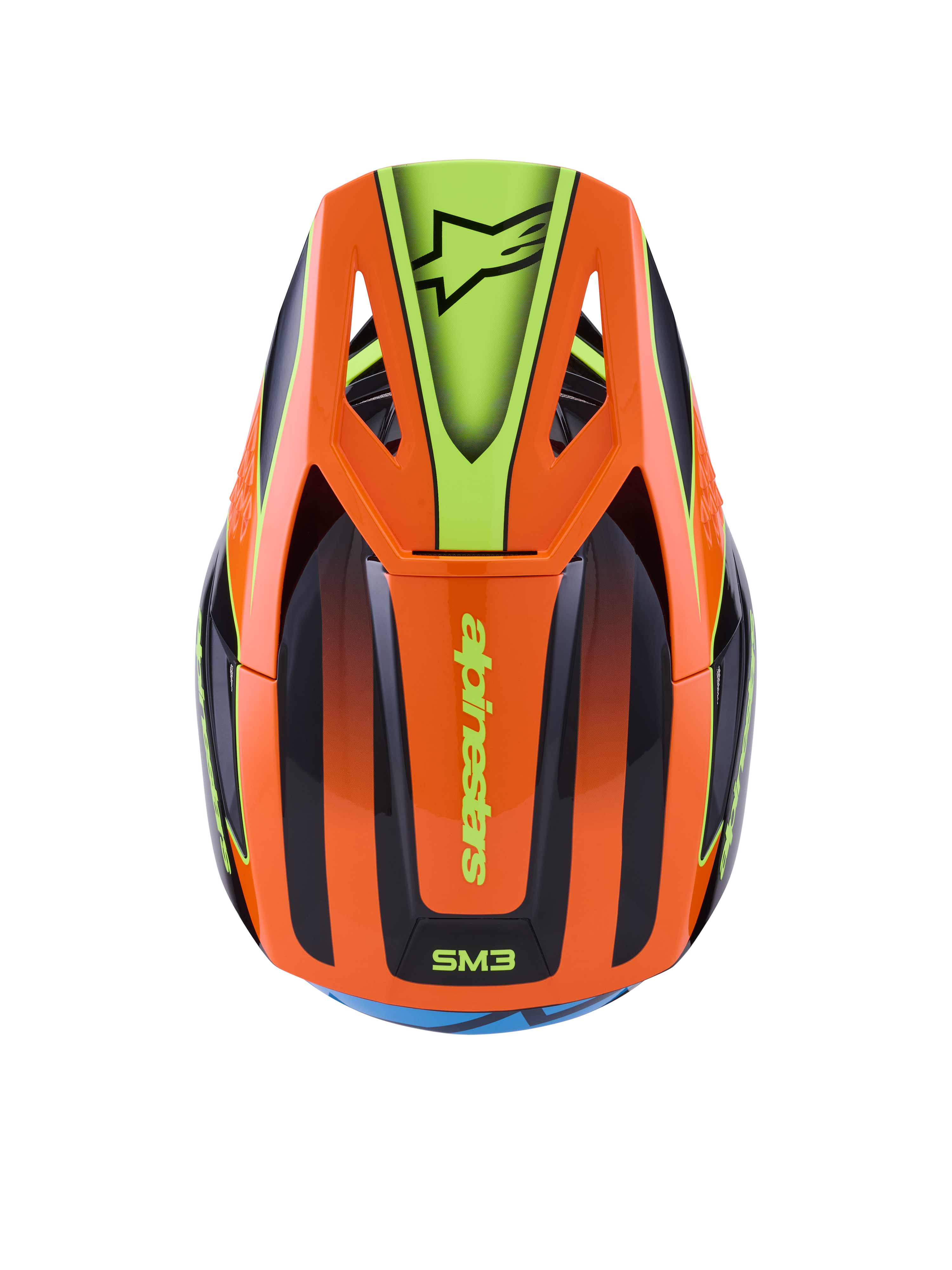 Alpinestars S-M3 Fray hjelm, motocross-hjelm, orange og fluorescerende gul med sorte detaljer, set fra oven, der viser aerodynamisk skal og skygge med Alpinestars-logo, levende grafisk design til off-road kørsel