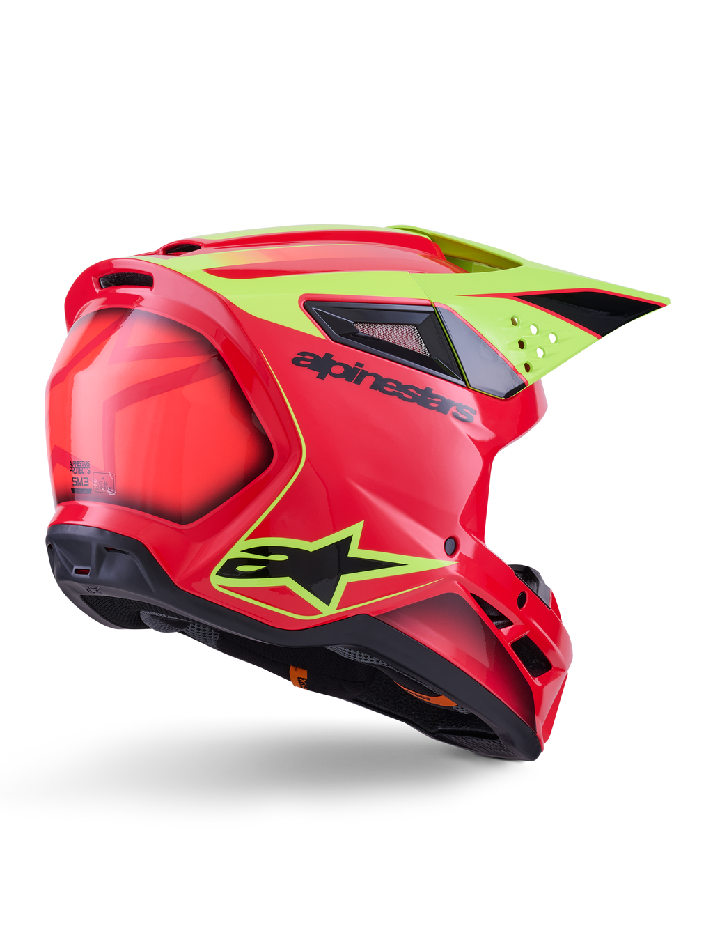 Alpinestars S-M3 Fray hjelm ECE 22.06, motocrosshjelm, rød, neongul og blank sort, set bagfra i trekvart-profil, strømlinet aerodynamisk skal, flere ventilationsåbninger, neongul grafik, markant sort Alpinestars-logo