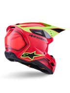 Alpinestars S-M3 Fray hjelm ECE 22.06, motocrosshjelm, rød, neongul og blank sort, set bagfra i trekvart-profil, strømlinet aerodynamisk skal, flere ventilationsåbninger, neongul grafik, markant sort Alpinestars-logo