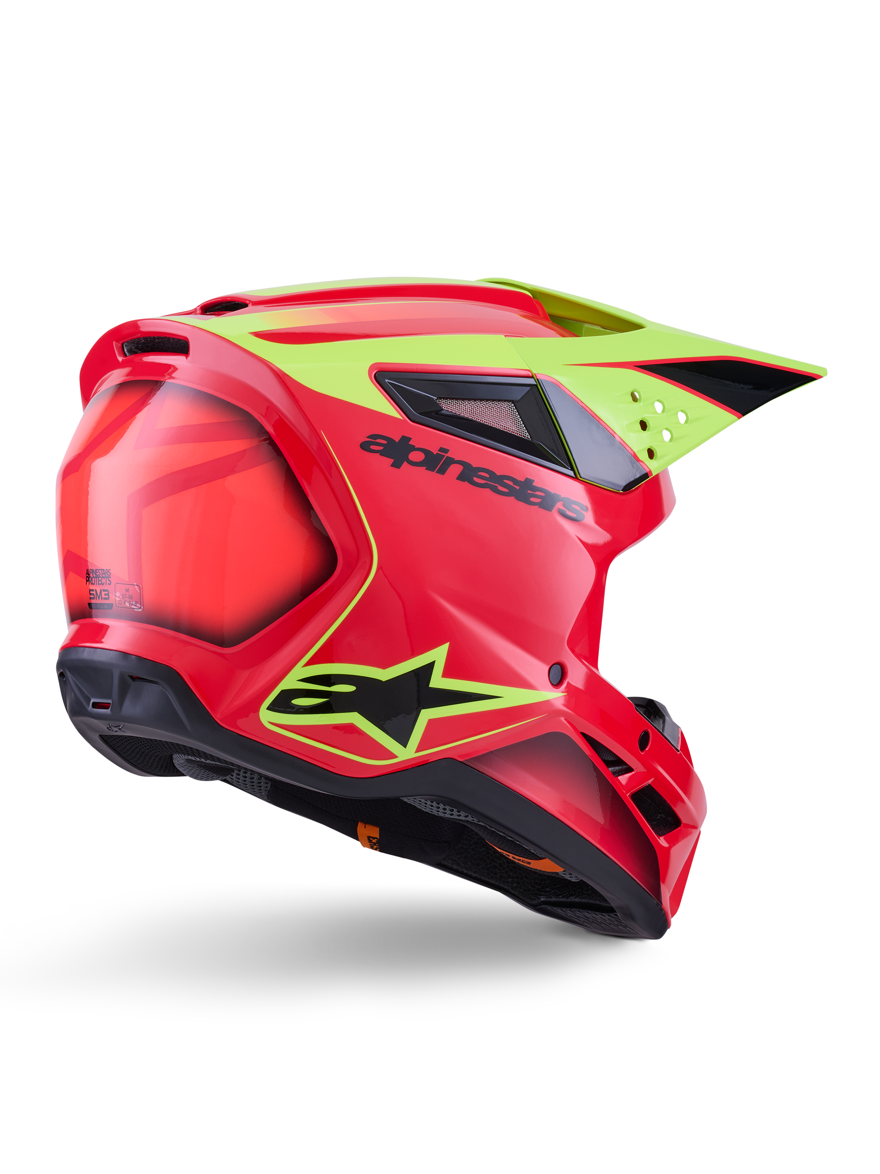 Alpinestars S-M3 Fray hjelm ECE 22.06, motocrosshjelm, rød, neongul og blank sort, set bagfra i trekvart-profil, strømlinet aerodynamisk skal, flere ventilationsåbninger, neongul grafik, markant sort Alpinestars-logo